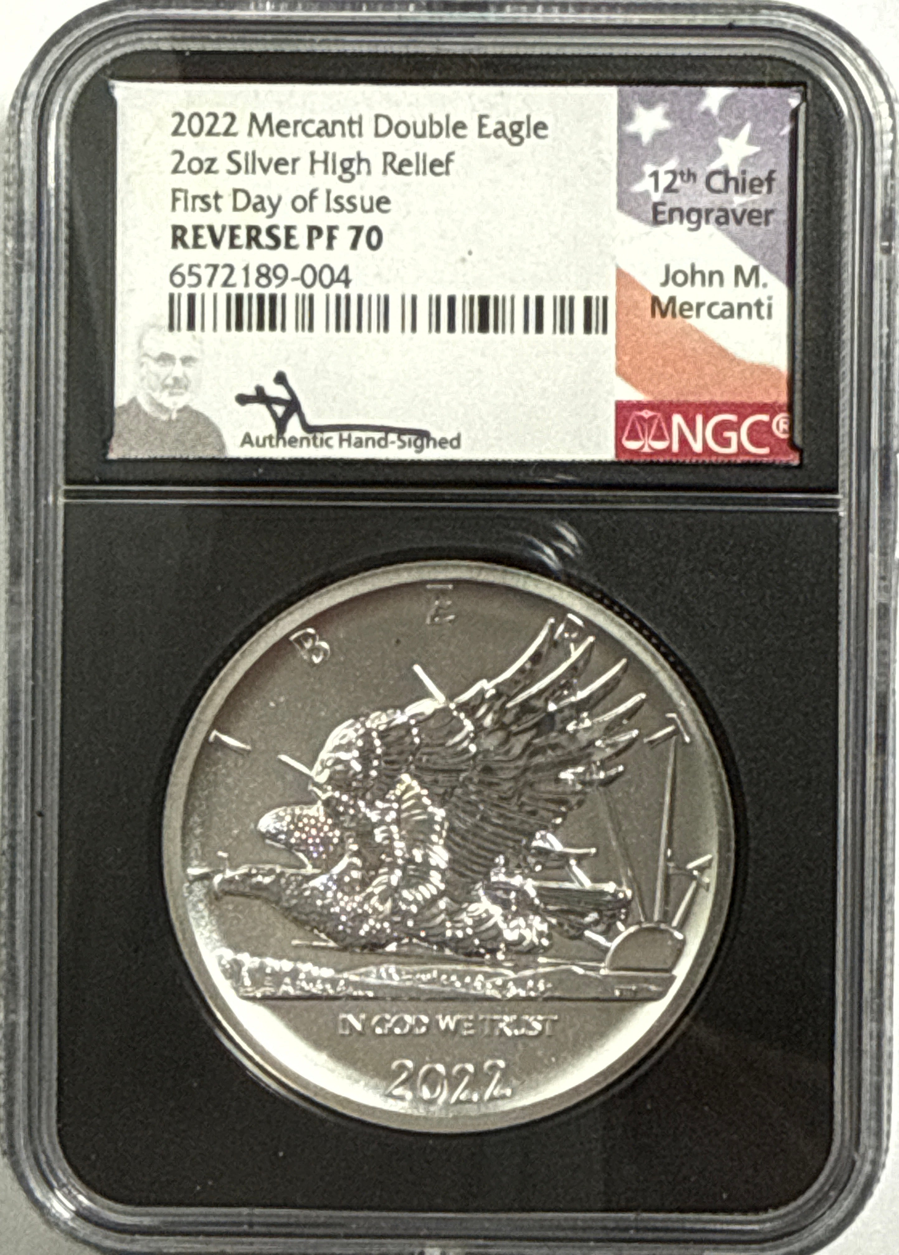 2022 American Silver Eagle 2 OZ High Relief Mercanti Double Eagle NGC FDOI Reverse PF70