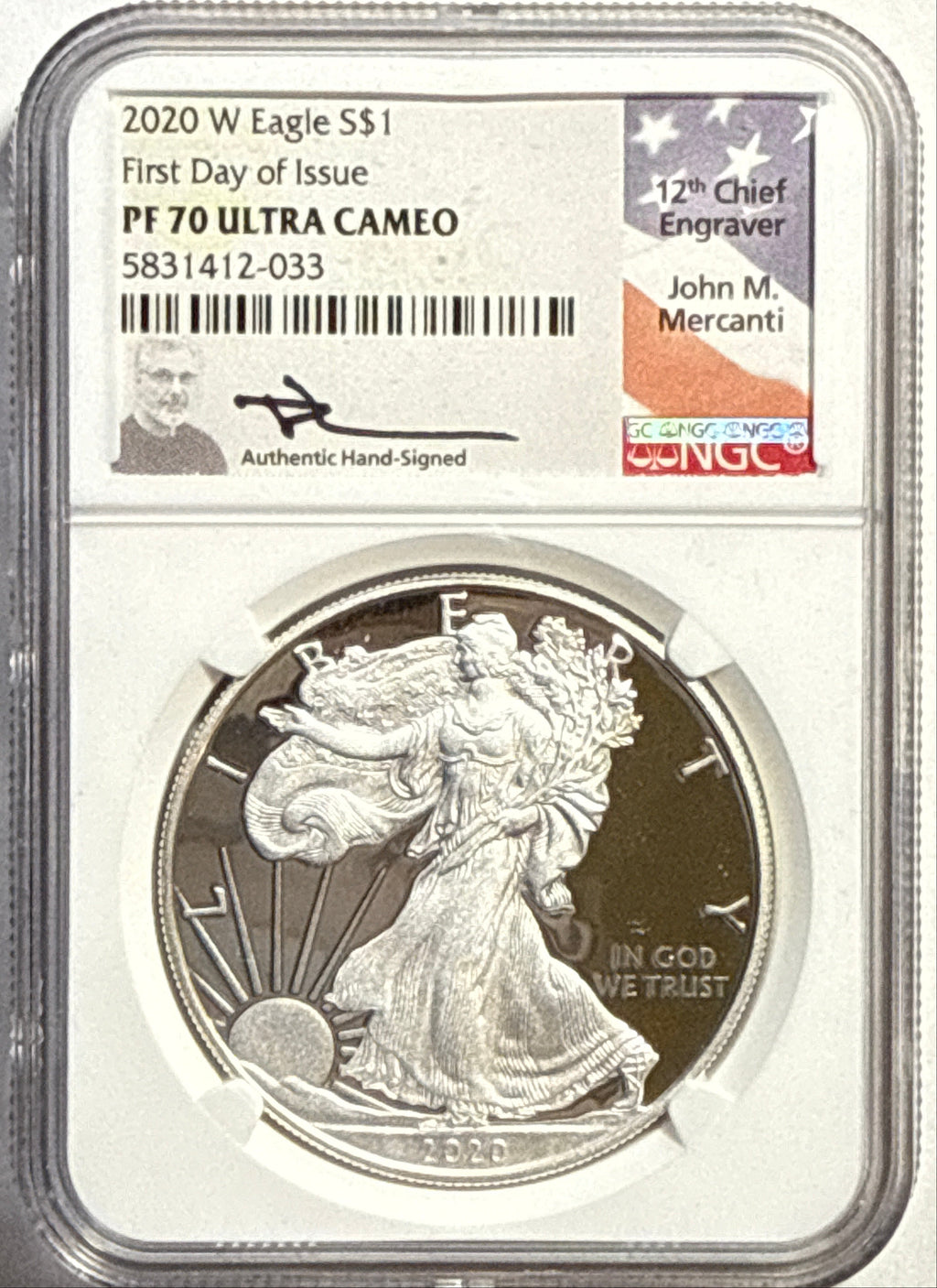 2020-W American Silver Eagle $1 NGC FDI PF70 UCAM FL Mercanti Hand-Signed.