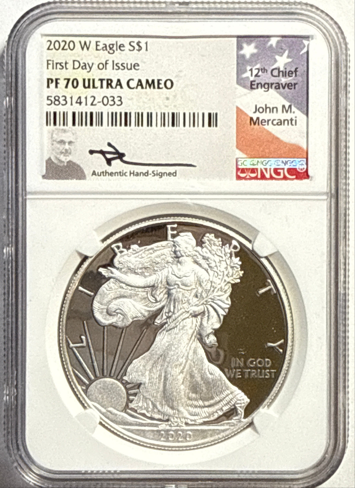2020-W American Silver Eagle $1 NGC FDI PF70 UCAM FL Mercanti Hand-Signed.