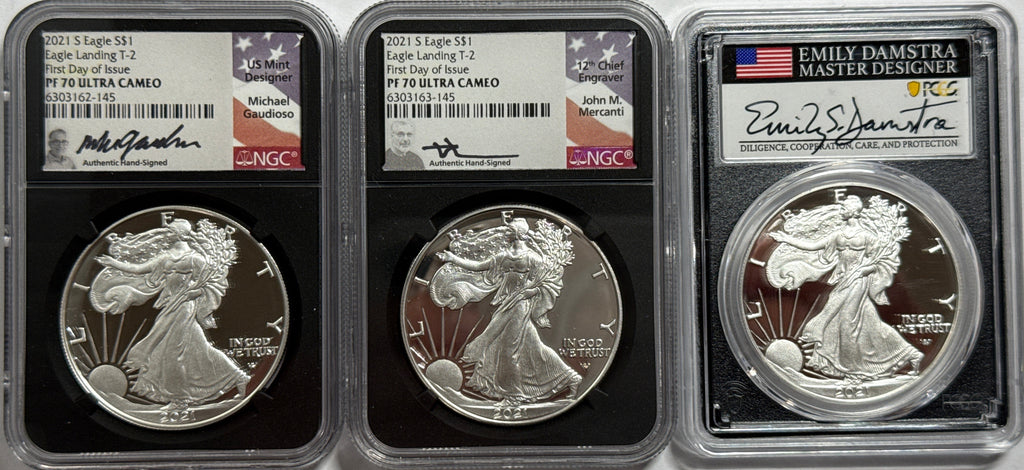 2021-S American Silver Eagle T-2 NGC/PCGS 3-Coin Box Set FDOI PF70 UCAM/PR70 DCAM FL Mercanti/Gaudioso/Damstra