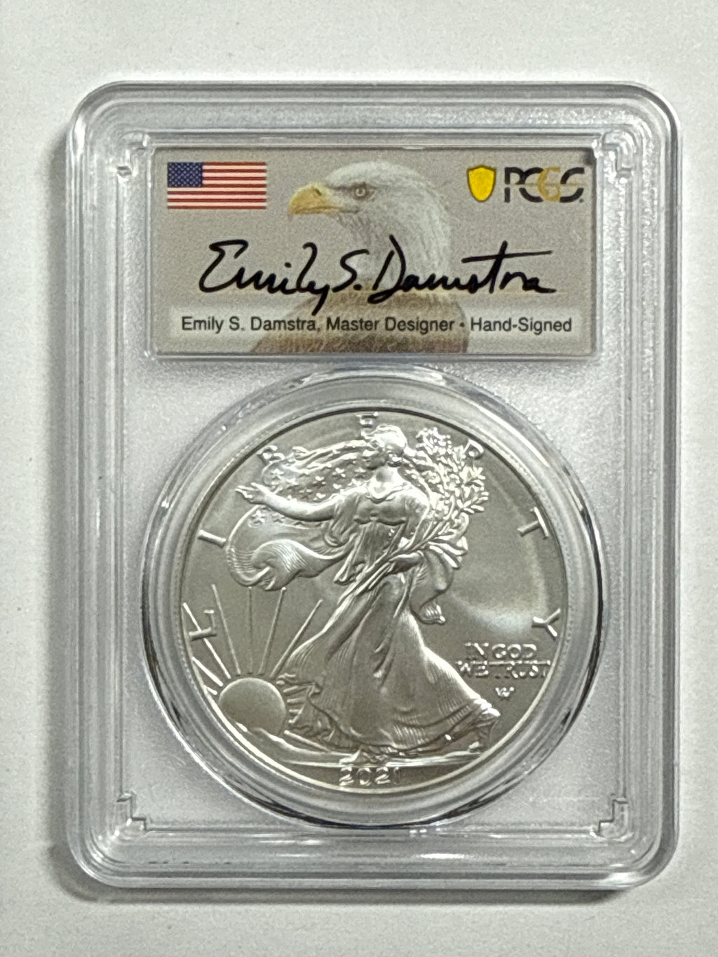 2021-W Burnished American Silver Eagle Type 2 PCGS SP70 First Strike FL Emily Damstra Hand Signed