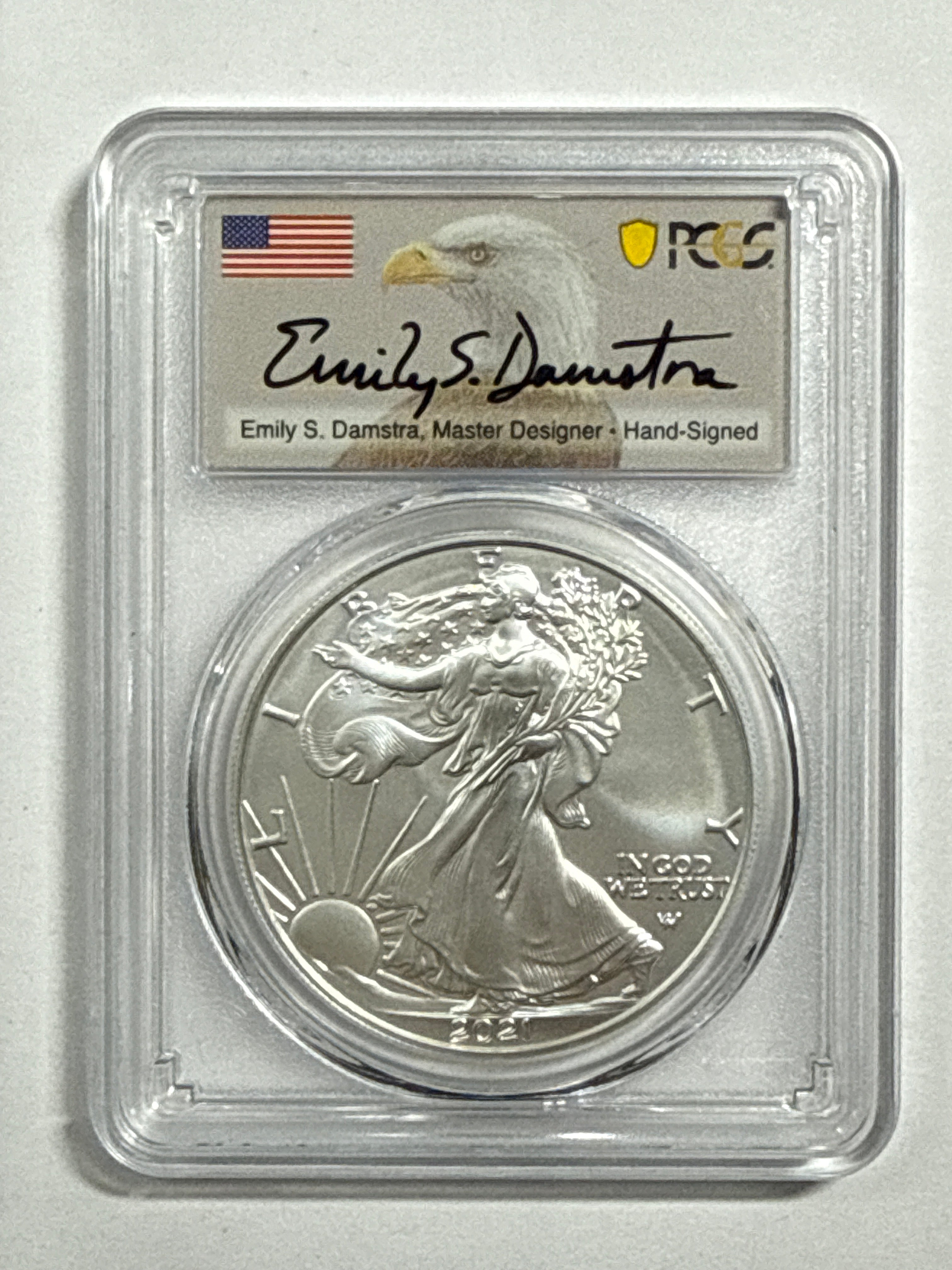 2021-W Burnished American Silver Eagle Type 2 PCGS SP70 First Strike FL Emily Damstra Hand Signed