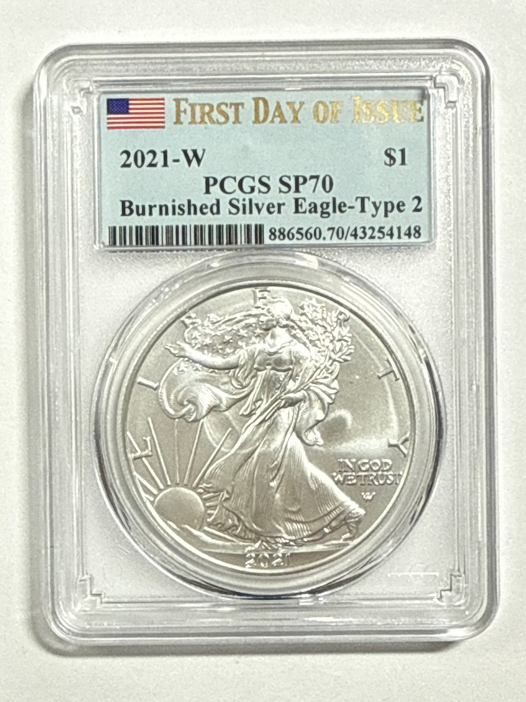2021`-W Burnished American Silver Eagle Type 2 PCGS SP70 FDOI