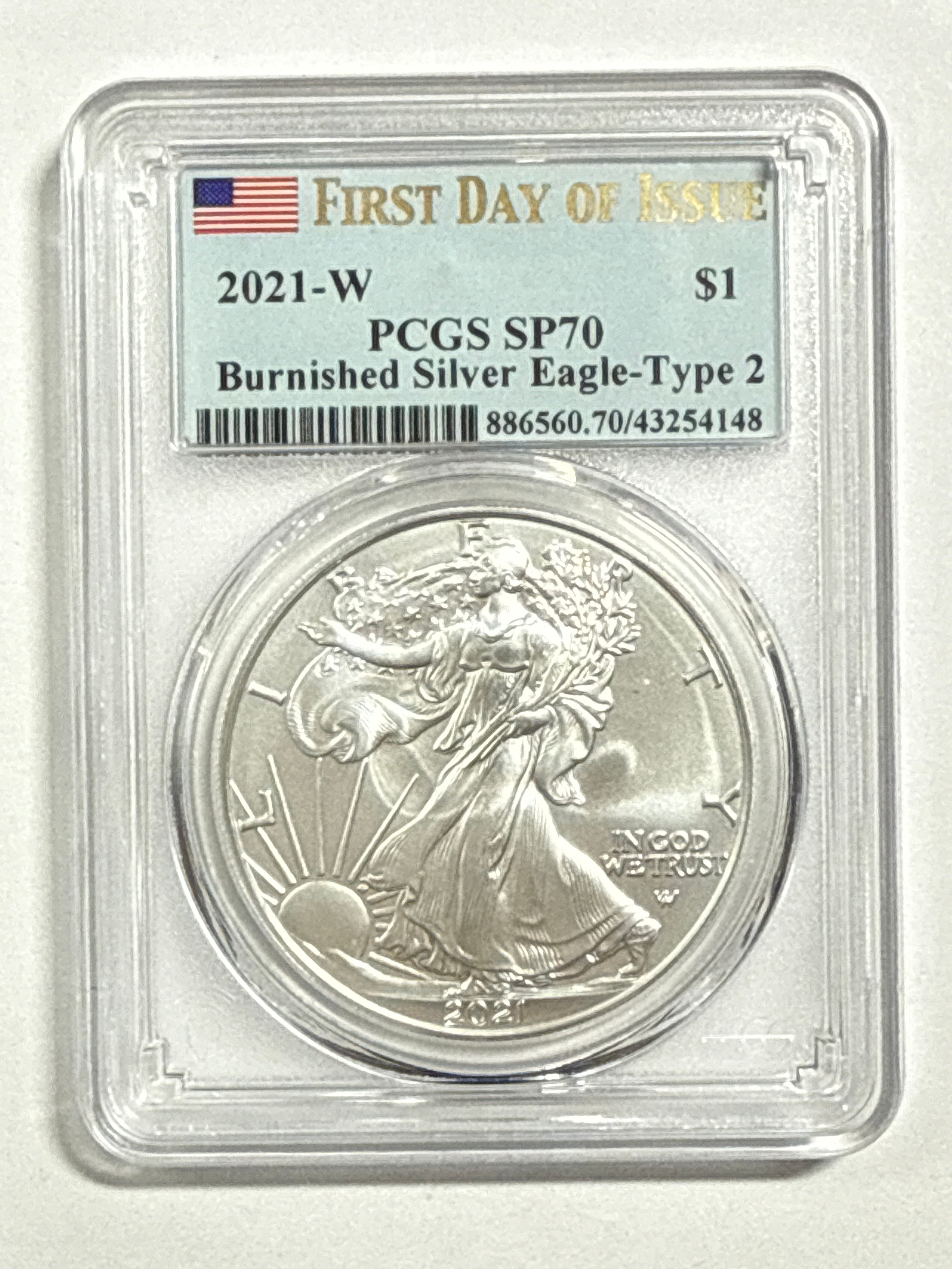 2021`-W Burnished American Silver Eagle Type 2 PCGS SP70 FDOI