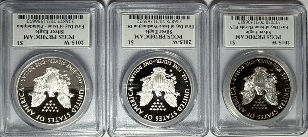 2015-W American Silver Eagle PCGS PRF70 DCAM FDOI 3 Coin Location Set-Florida Fun /Washington DC/PhiladelphiaMercanti