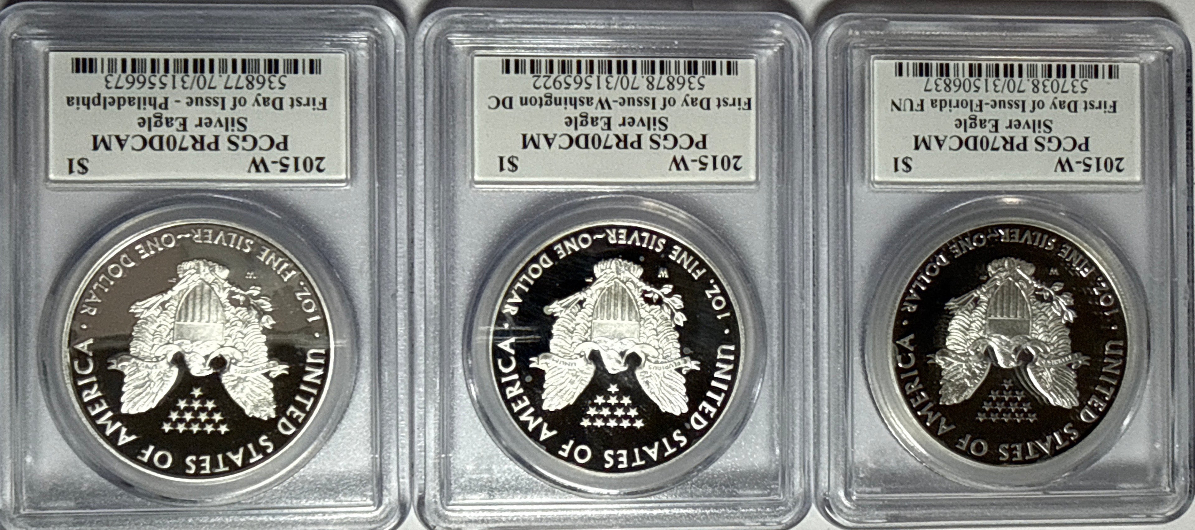 2015-W American Silver Eagle PCGS PRF70 DCAM FDOI 3 Coin Location Set-Florida Fun /Washington DC/PhiladelphiaMercanti