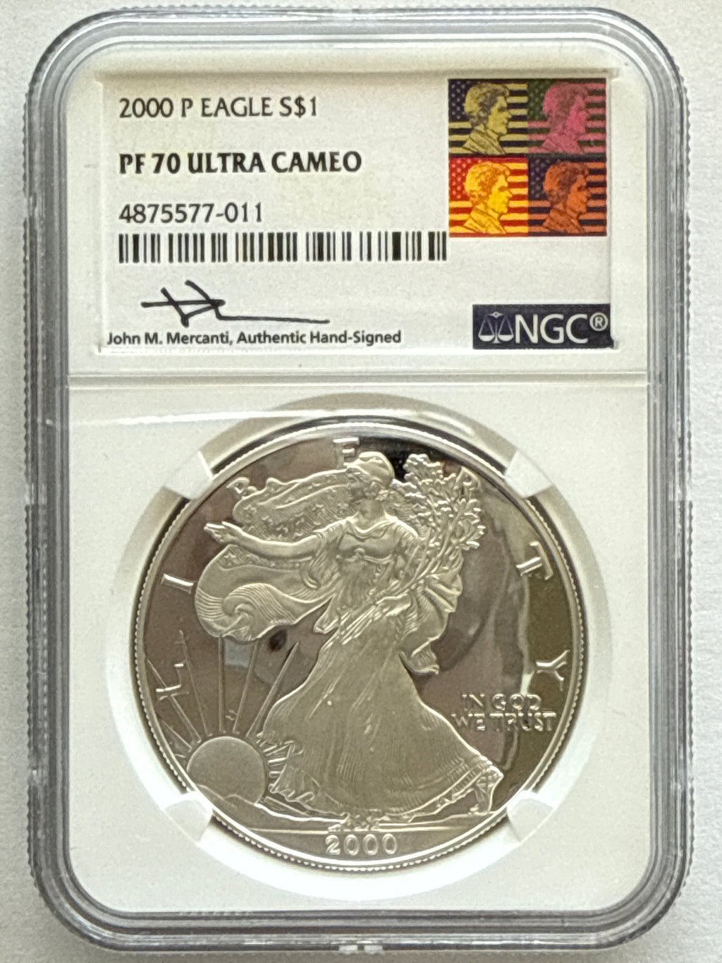 2000-P American Silver Eagle NGC 1 oz PF70 UCAM  J. M. Mercanti hand signed pop #11 Art Label