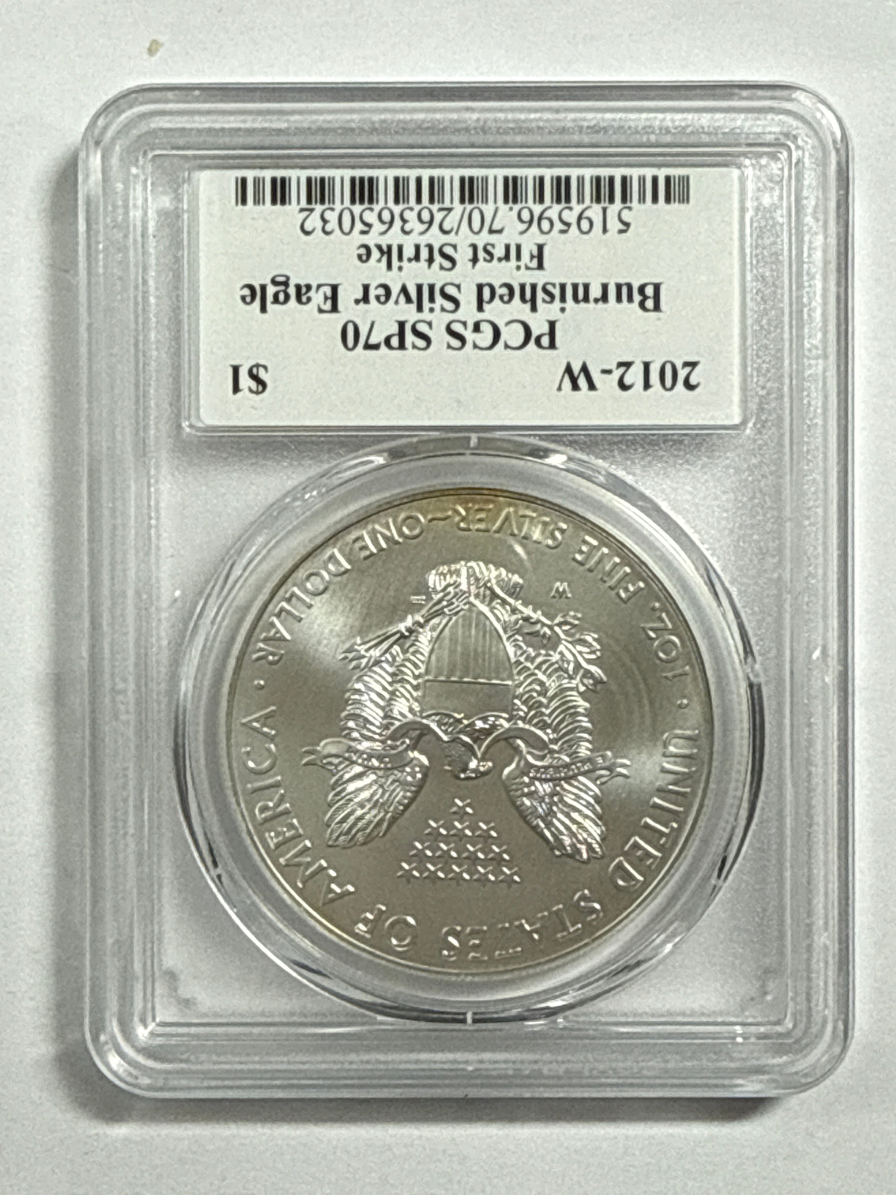 2012-W Burnished American Silver Eagle PCGS SP70 First Strike John Mercanti Hand Signed Mint Engraver Series Label