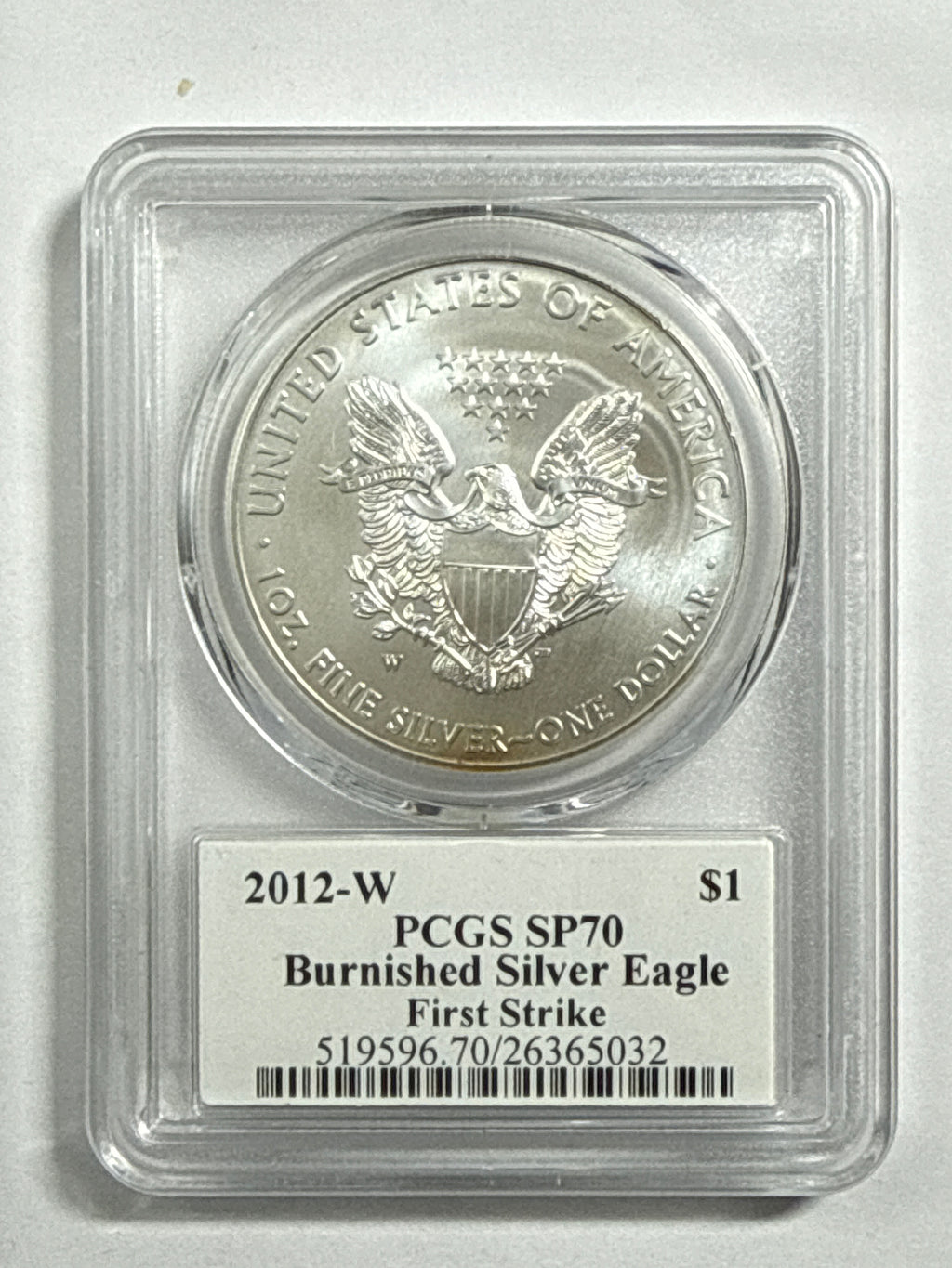 2012-W Burnished American Silver Eagle PCGS SP70 First Strike John Mercanti Hand Signed Mint Engraver Series Label