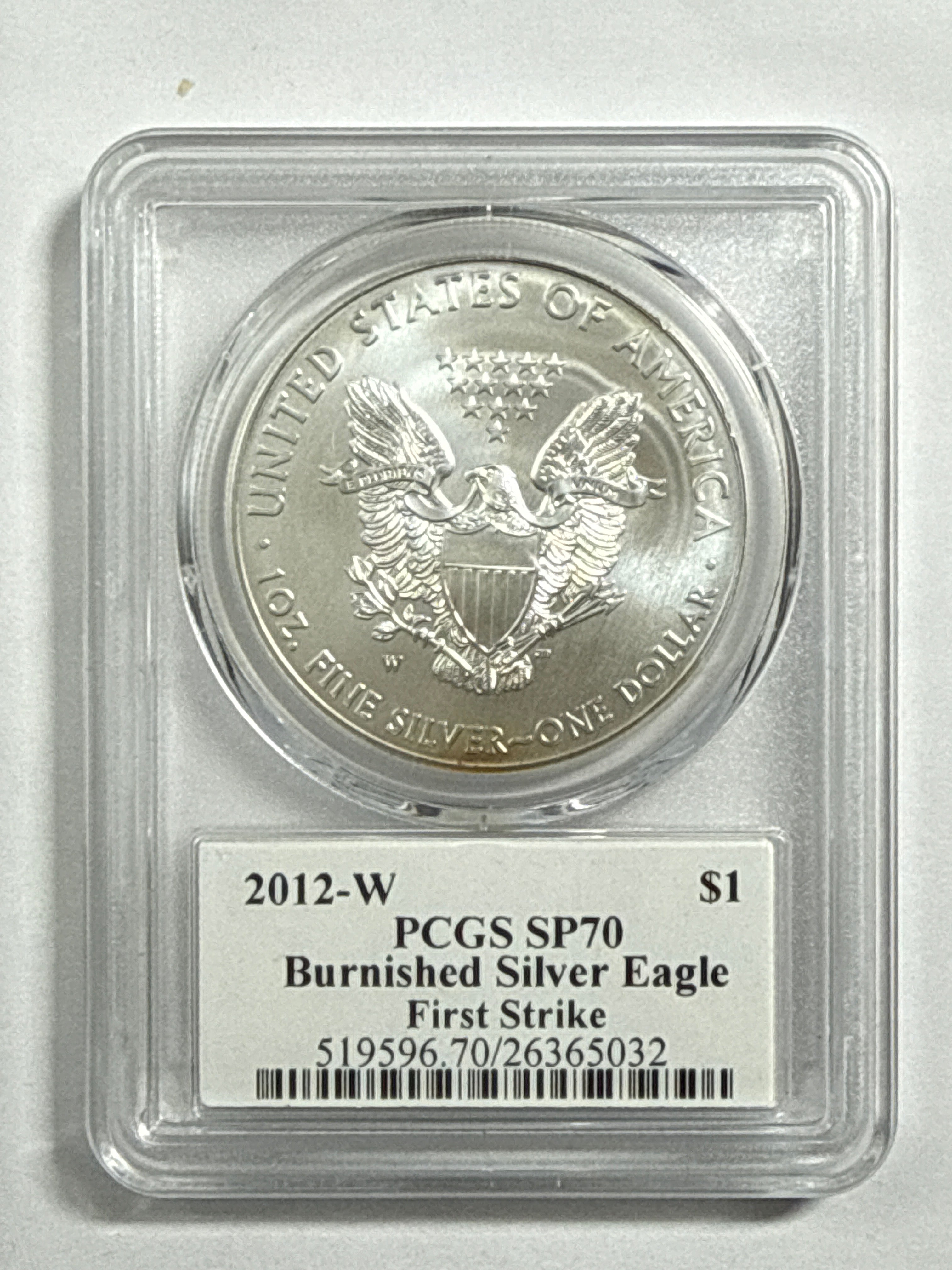 2012-W Burnished American Silver Eagle PCGS SP70 First Strike John Mercanti Hand Signed Mint Engraver Series Label
