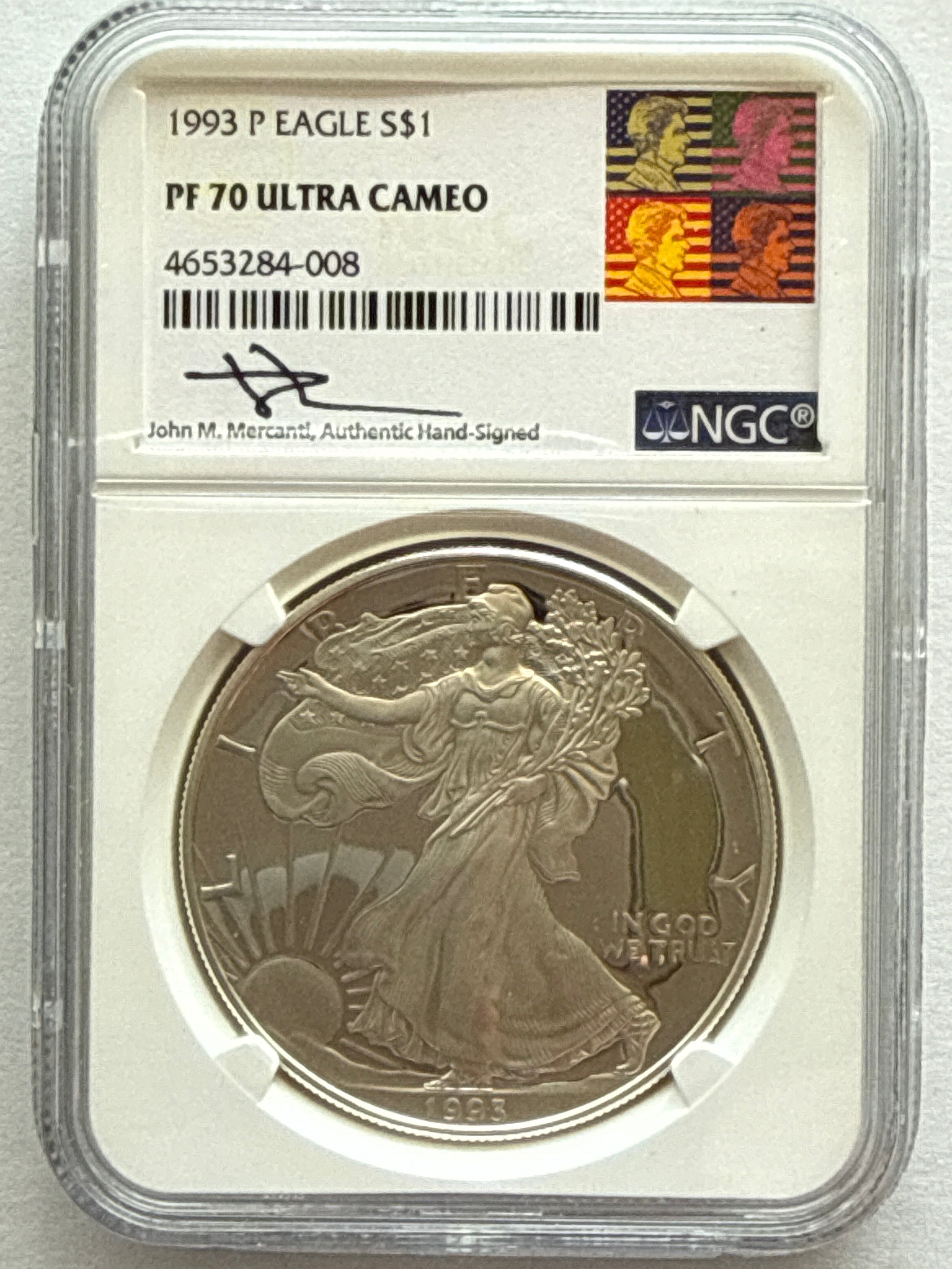 1993-P American Silver Eagle NGC 1 oz PF70 UCAM  J. M. Mercanti hand signed pop #8 Art Label