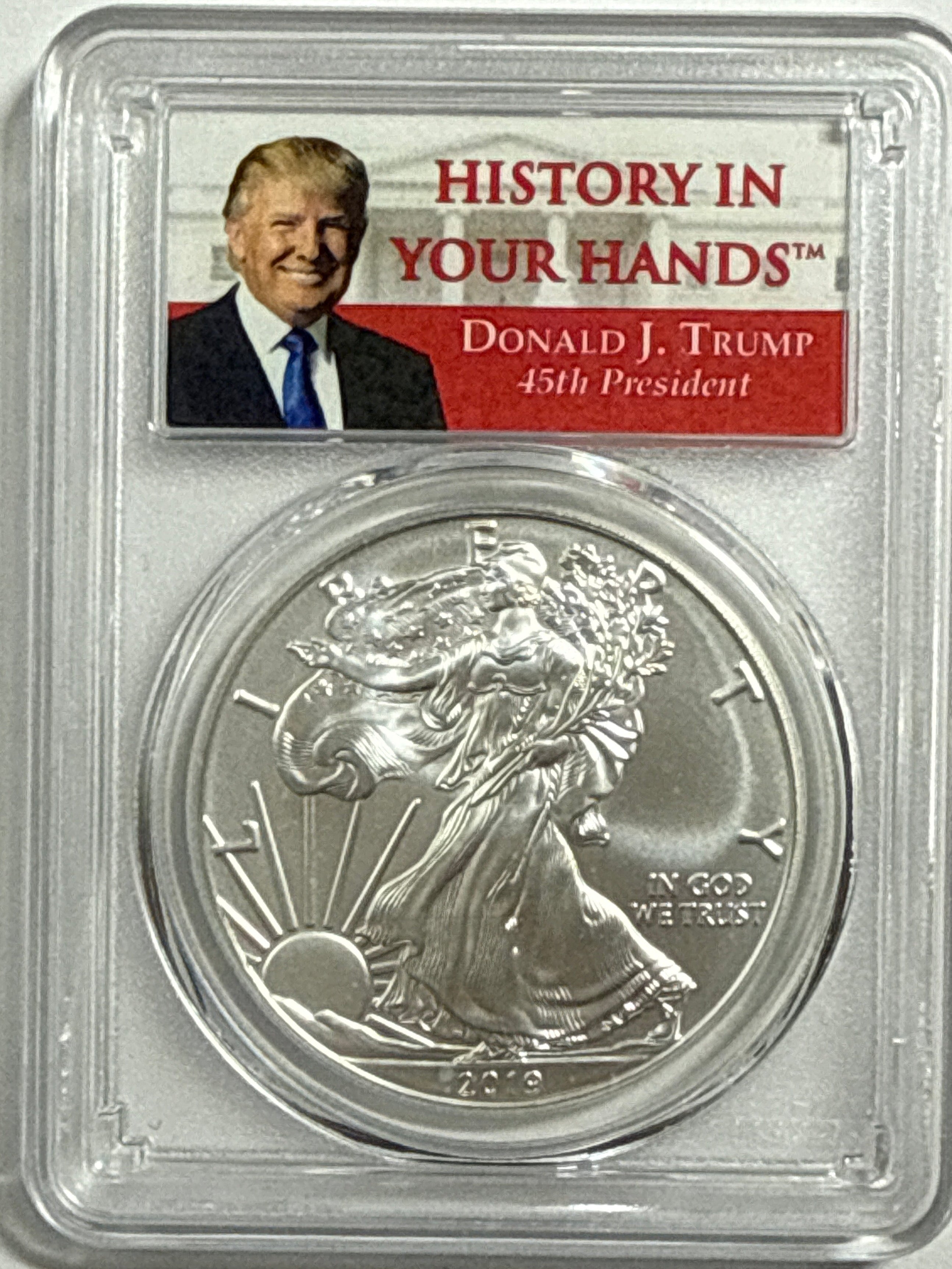 2019-W Burnished American Silver Eagle PCGS SP70 FDOI Trump Label