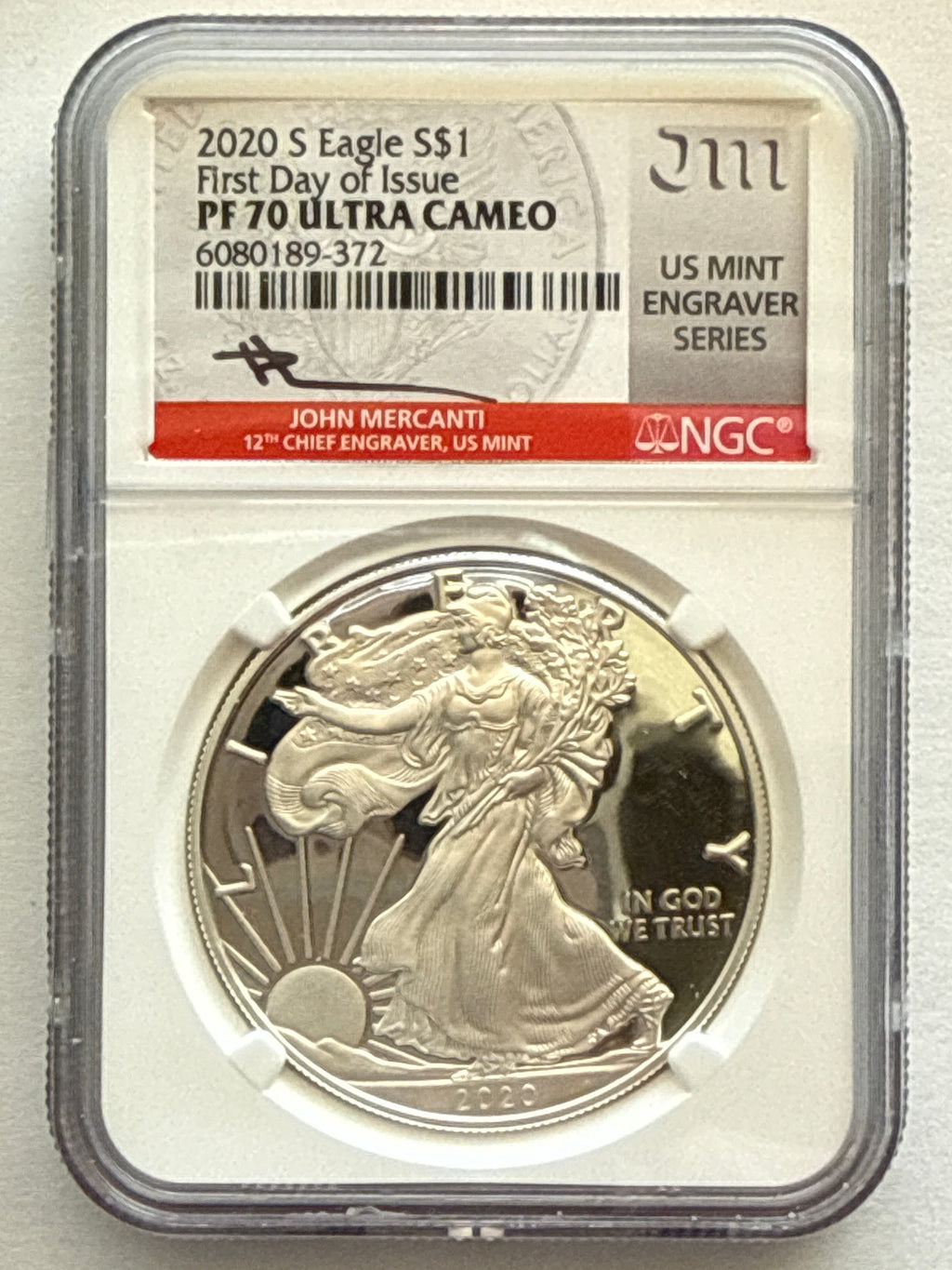 2020-S American Silver Eagle NGC 1 oz PF70 UCAM FDOI J. Mercanti  Engraver Label