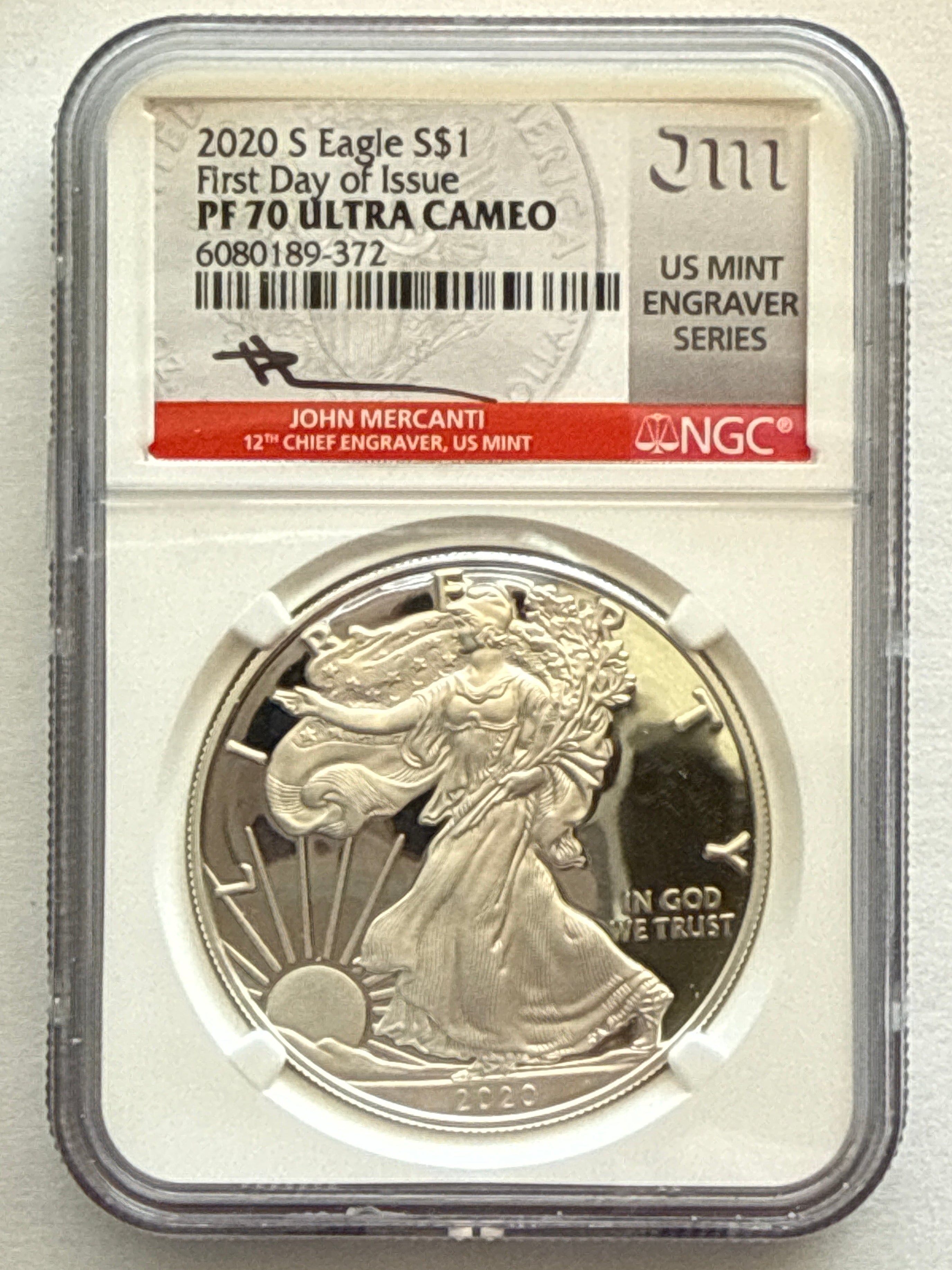 2020-S American Silver Eagle NGC 1 oz PF70 UCAM FDOI J. Mercanti  Engraver Label