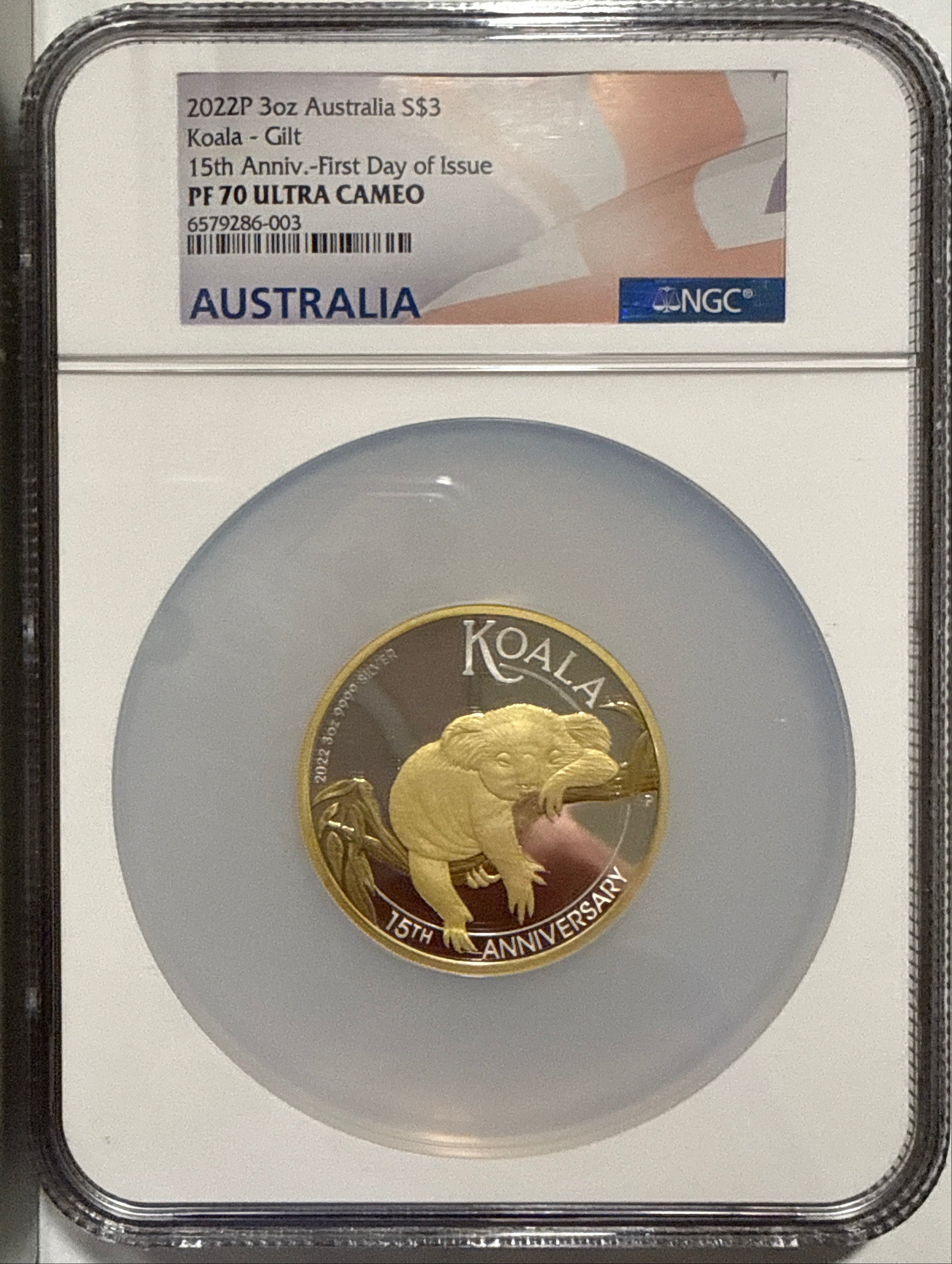2022P Australia 3 oz $3  Silver Koala-Gilt NGC 15th Anniv.-FDP  PF70 UCAM