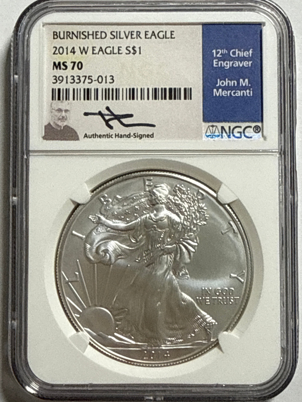2014-W Burnished American Silver Eagle NGC MS70 John Mercanti Hand Signed