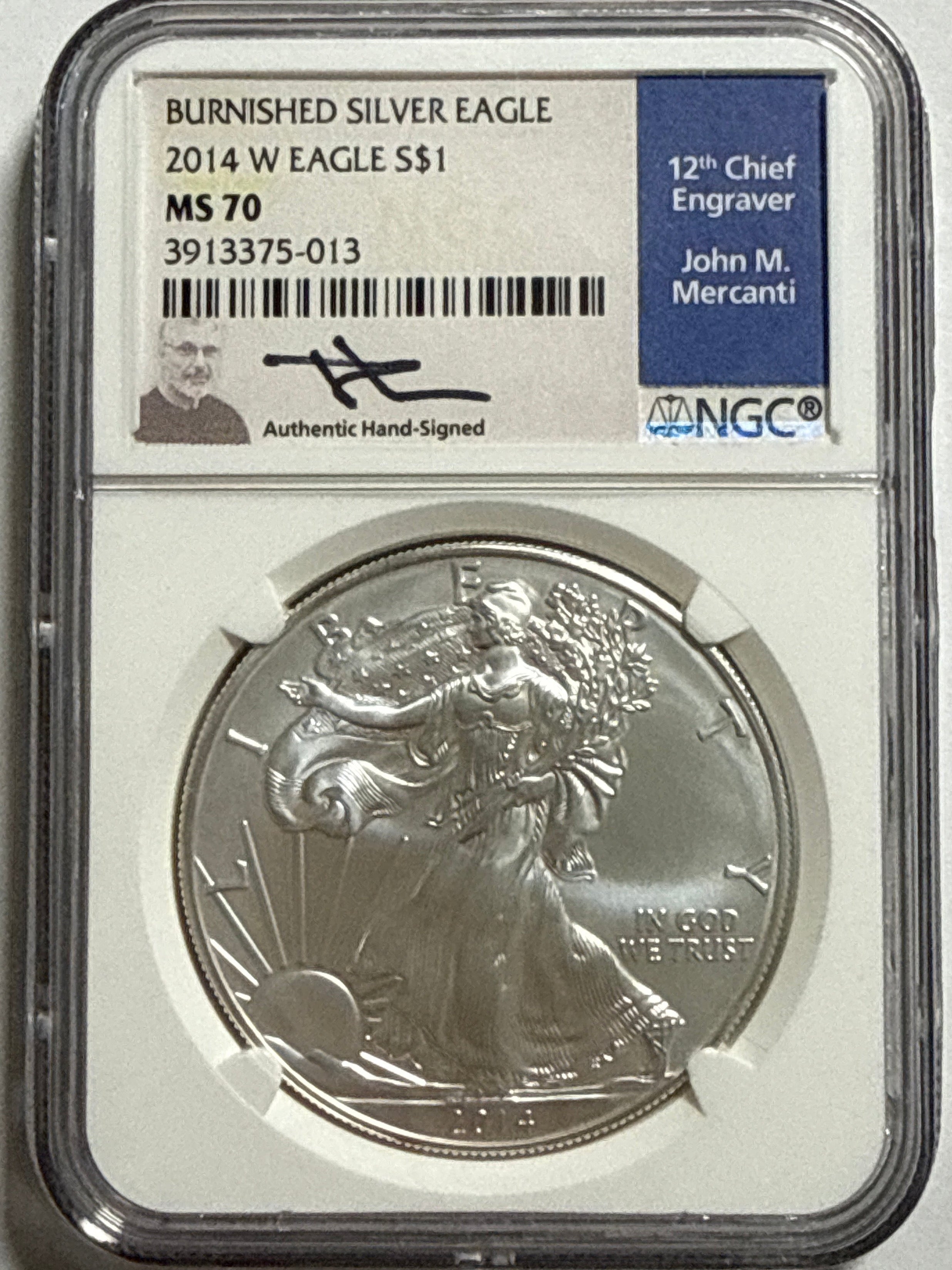 2014-W Burnished American Silver Eagle NGC MS70 John Mercanti Hand Signed