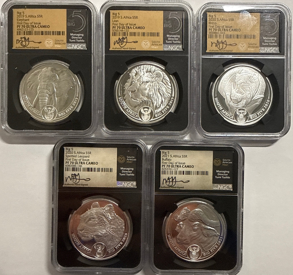 2019/2020/2021/ South Africa NGC FDI PF70 UCAM S5R Big 5 Elephant/Lion/Rhino/Spotted Leopard/Buffalo Tumi Tsehio signed