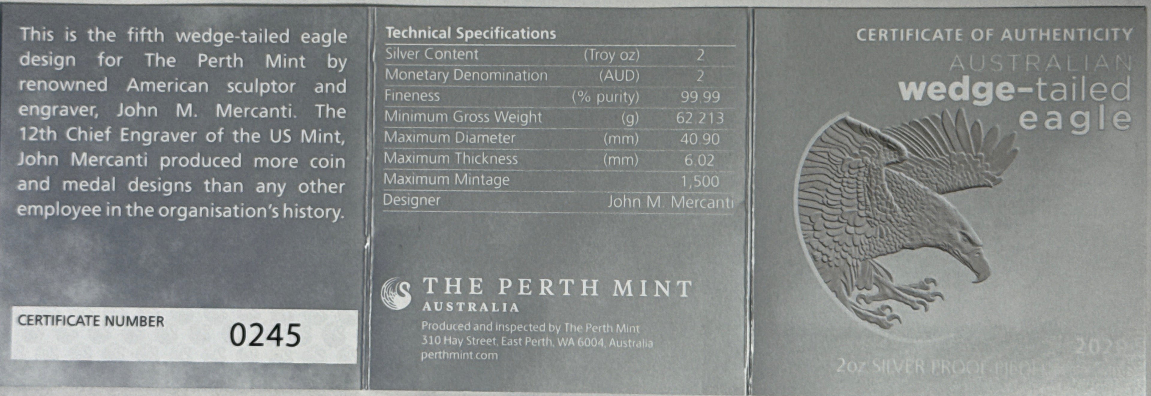 2020P Australia 2 0Z $2 .999 Silver Wedge-Tailed Eagle NGC FDOI PF70 UCAM Piefort Issue #240 Mercanti