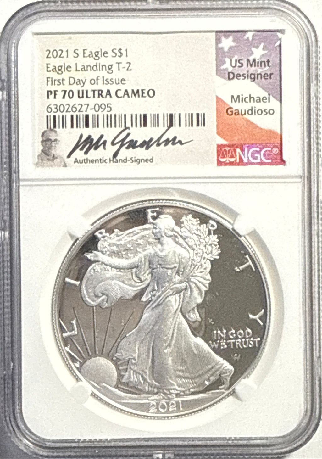 2021-S American Silver Eagle $1 Eagle Landing T-2 NGC FDI PF70 UCAM Michael Gaudioso Hand-Signed.