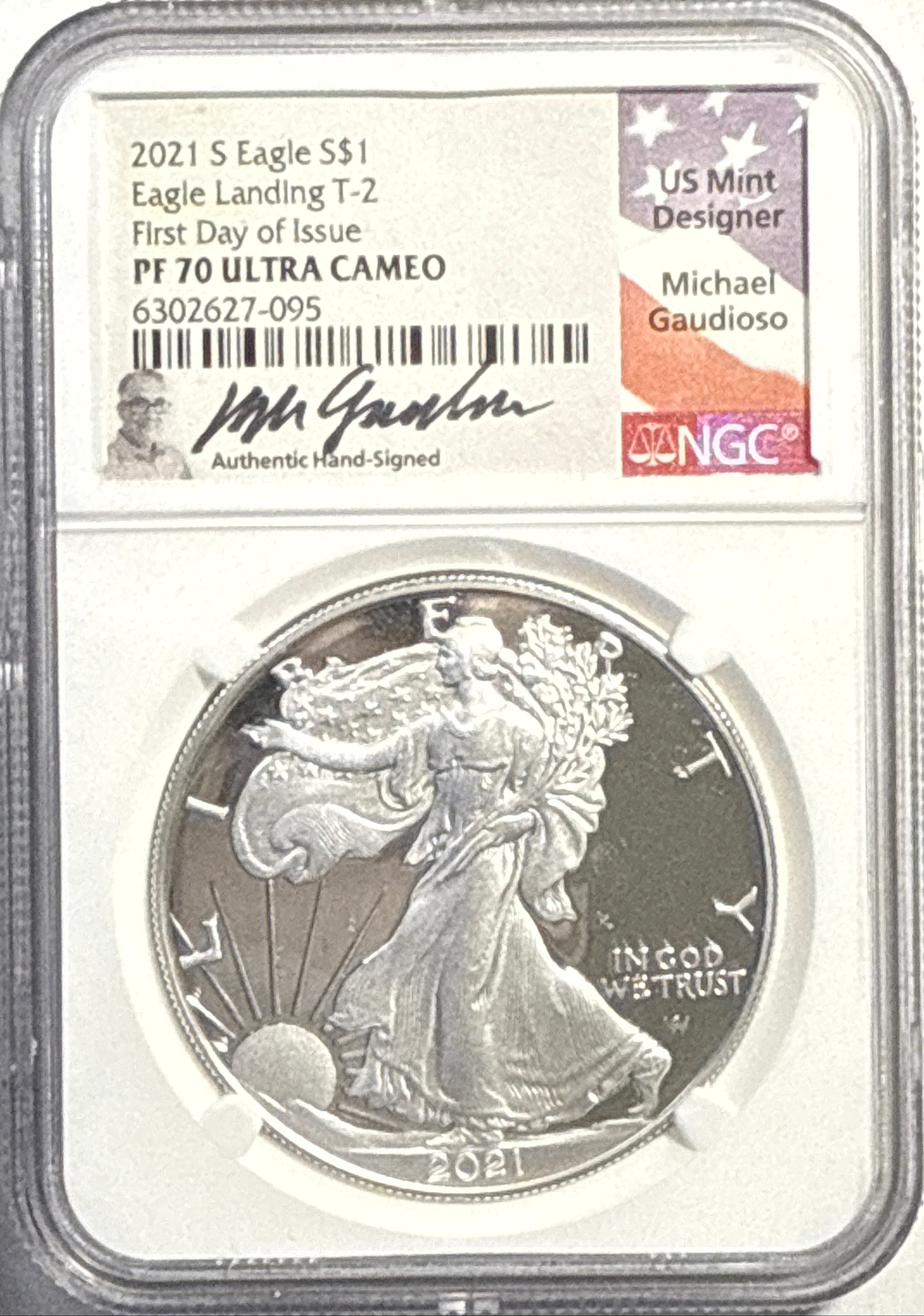 2021-S American Silver Eagle $1 Eagle Landing T-2 NGC FDI PF70 UCAM Michael Gaudioso Hand-Signed.