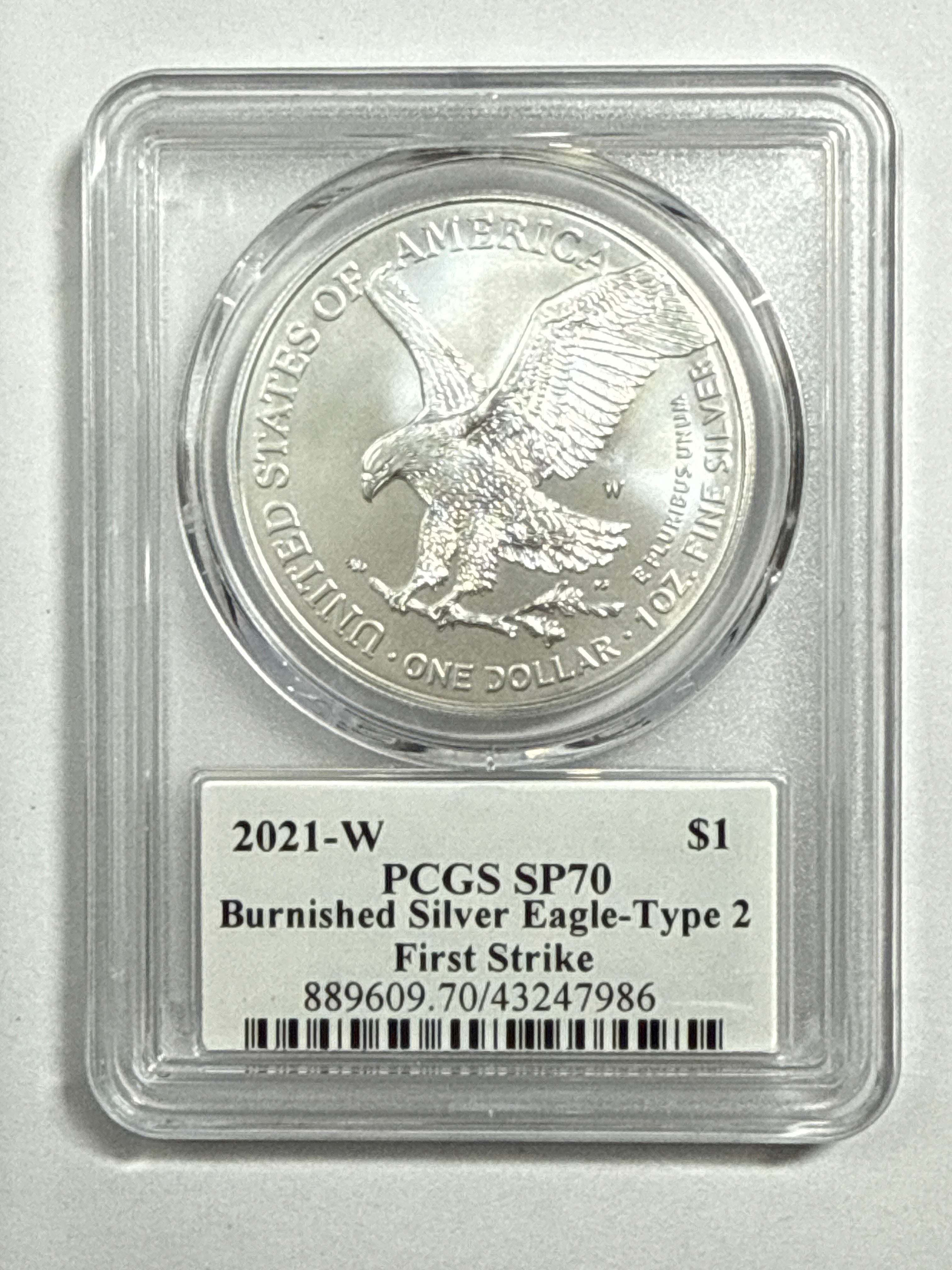 2021-W Burnished American Silver Eagle Type 2 PCGS SP70 First Strike FL Emily Damstra Hand Signed