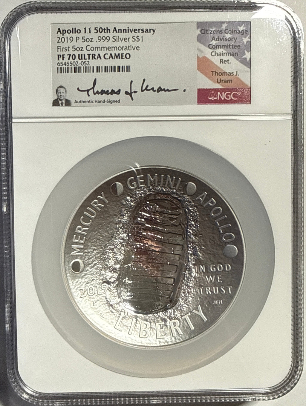 Vintage Vault: 2019-P Apollo 11 50th Anniv 5 oz .999 $1 NGC First 5 oz Commemorative PF70 UCAM Thomas Uram Hand Signed