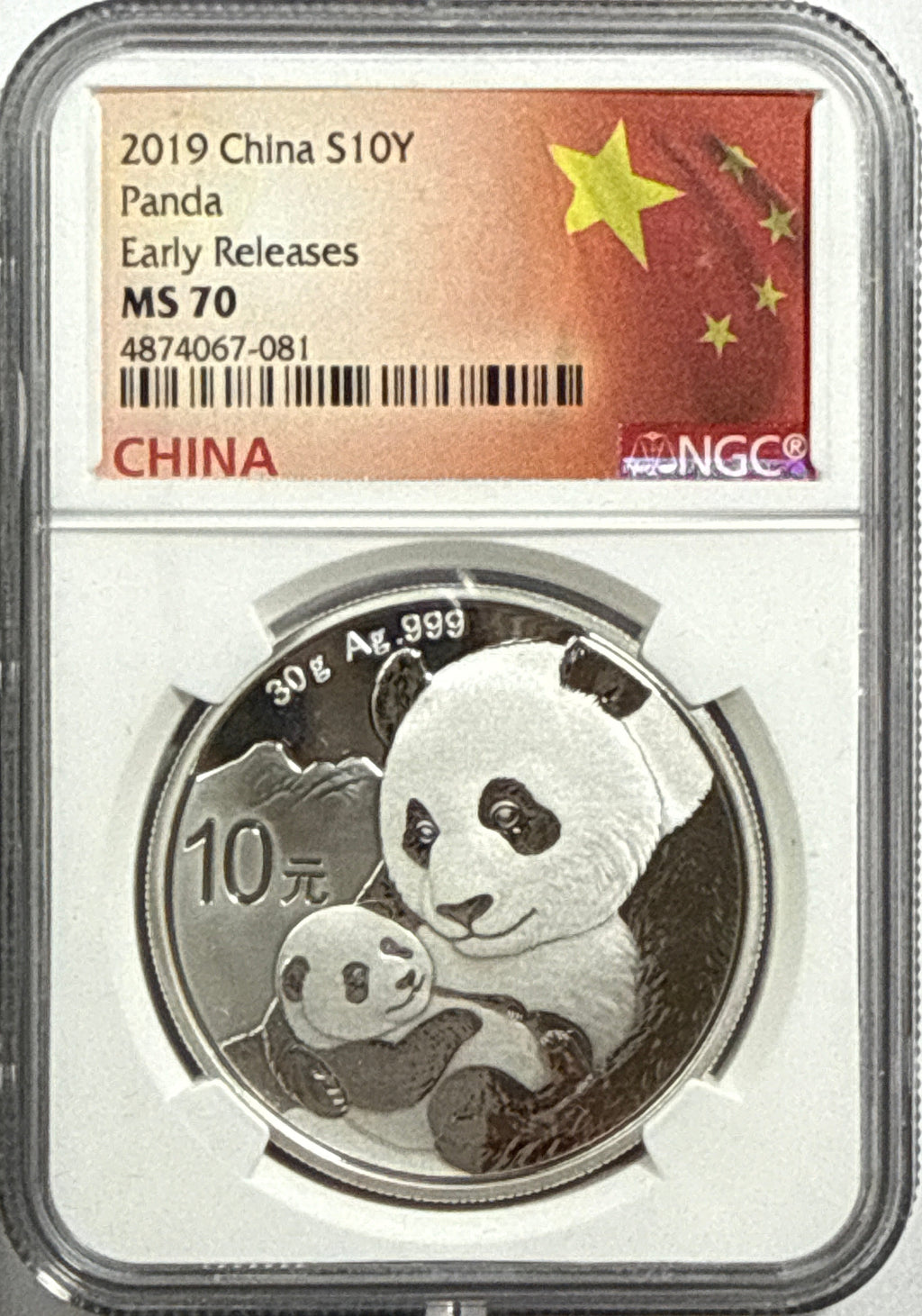 2019 China Silver Panda 10 Yuan NGC Early Release MS70 Flag Label