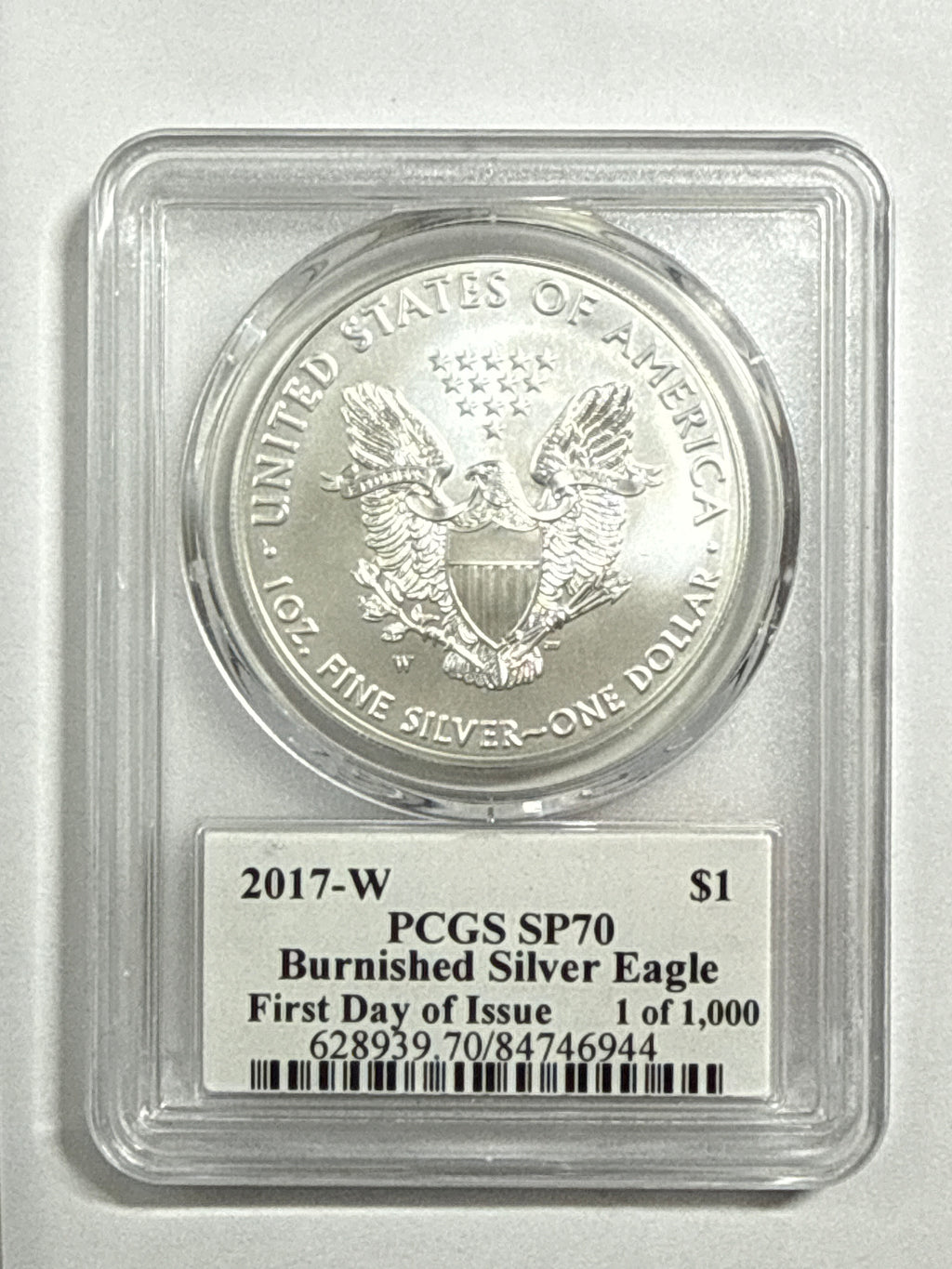 2017-W Burnished American Silver Eagle PCGS SP70 FDOI Trump Label