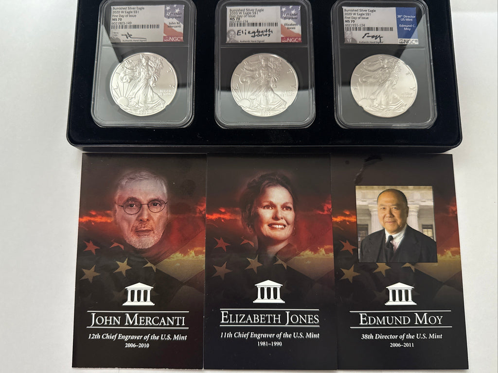 2020-W Burnished American Silver Eagle 3 piece set NGS MS70 FDOI First Day Of Location Issue SetMercanti/Jones/Moy with display box
