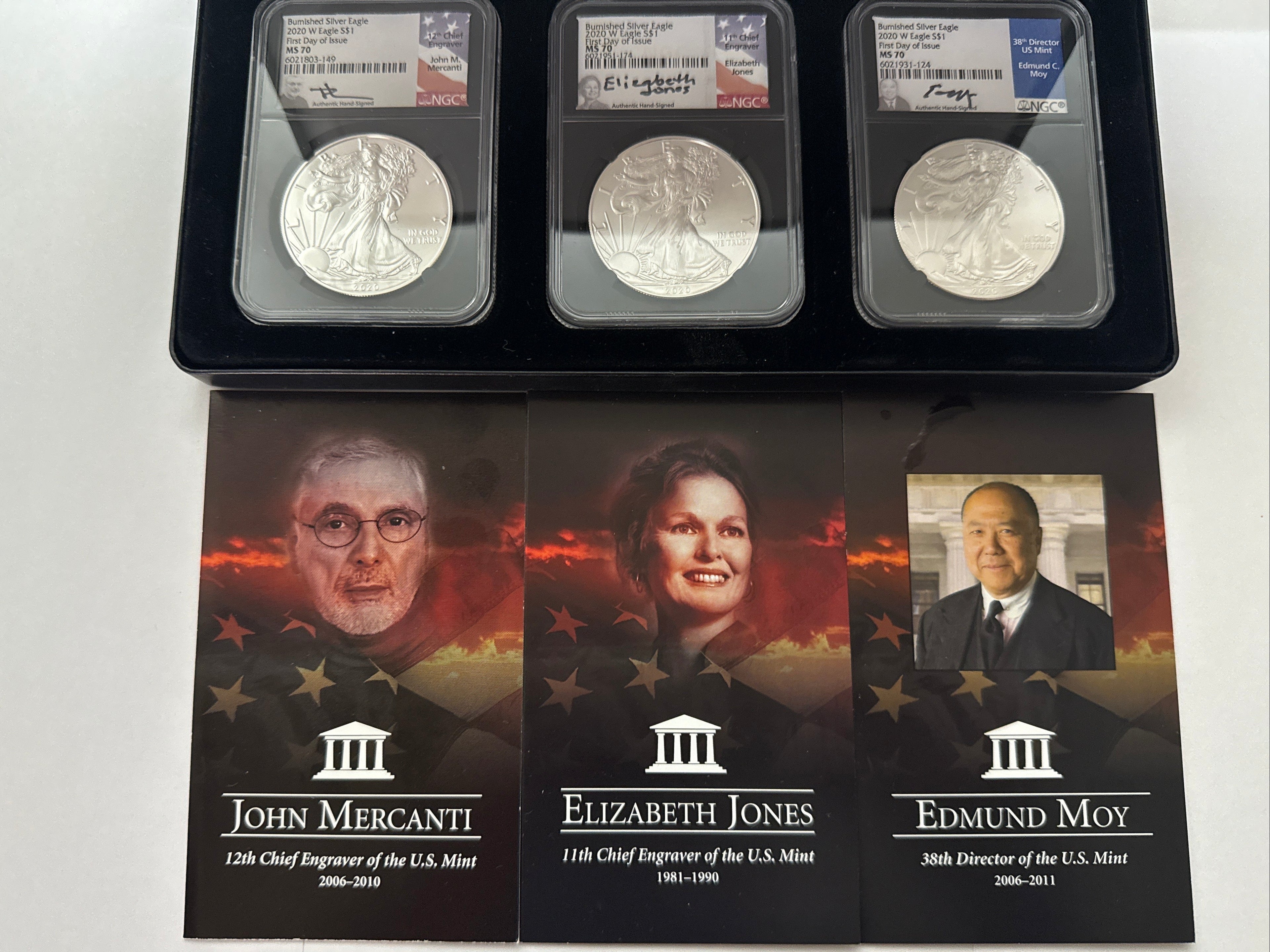 2020-W Burnished American Silver Eagle 3 piece set NGS MS70 FDOI First Day Of Location Issue SetMercanti/Jones/Moy with display box