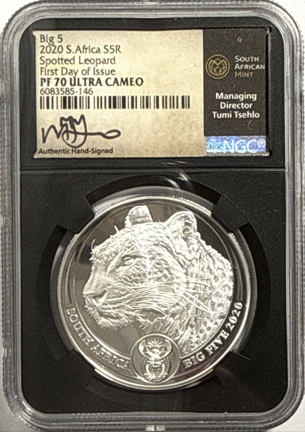 2019/2020/2021/ South Africa NGC FDI PF70 UCAM S5R Big 5 Elephant/Lion/Rhino/Spotted Leopard/Buffalo Tumi Tsehio signed