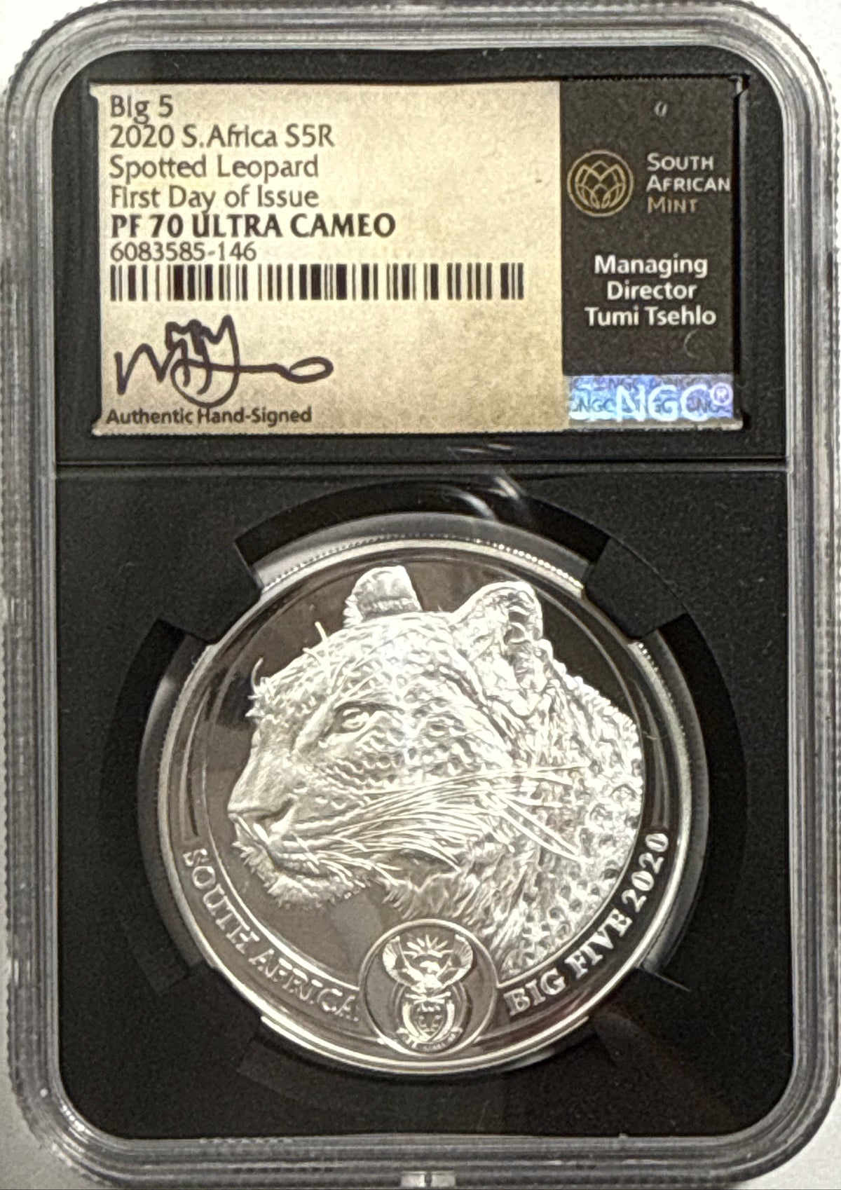 2019/2020/2021/ South Africa NGC FDI PF70 UCAM S5R Big 5 Elephant/Lion/Rhino/Spotted Leopard/Buffalo Tumi Tsehio signed