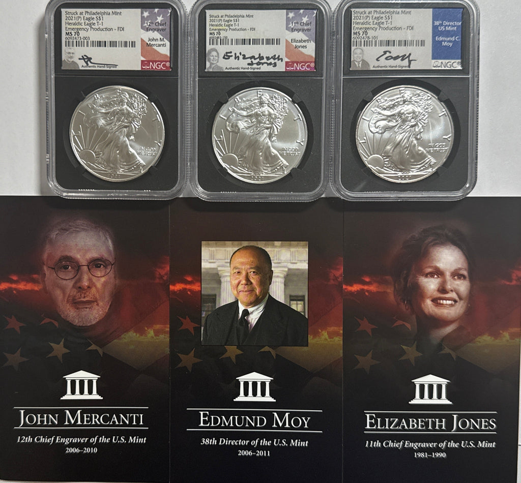 2021 (P) American Heraldic Silver Eagle T-1 Emergency Production 3-Coin Box Set NGC FDOI MS70 Mercanti/Jones/Moy