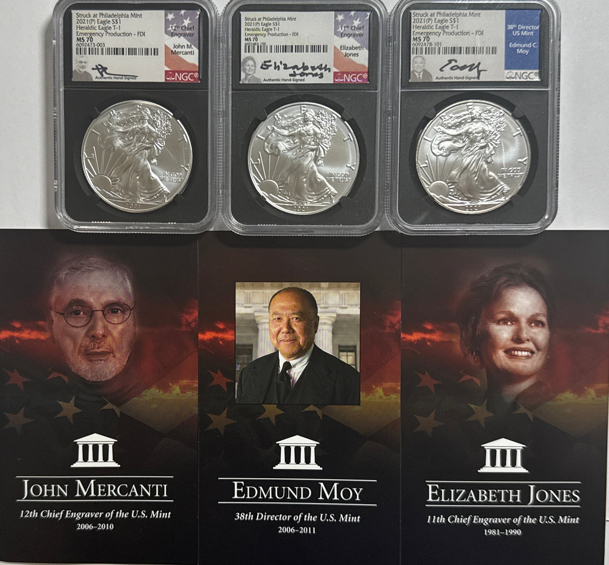 2021 (P) American Heraldic Silver Eagle T-1 Emergency Production 3-Coin Box Set NGC FDOI MS70 Mercanti/Jones/Moy