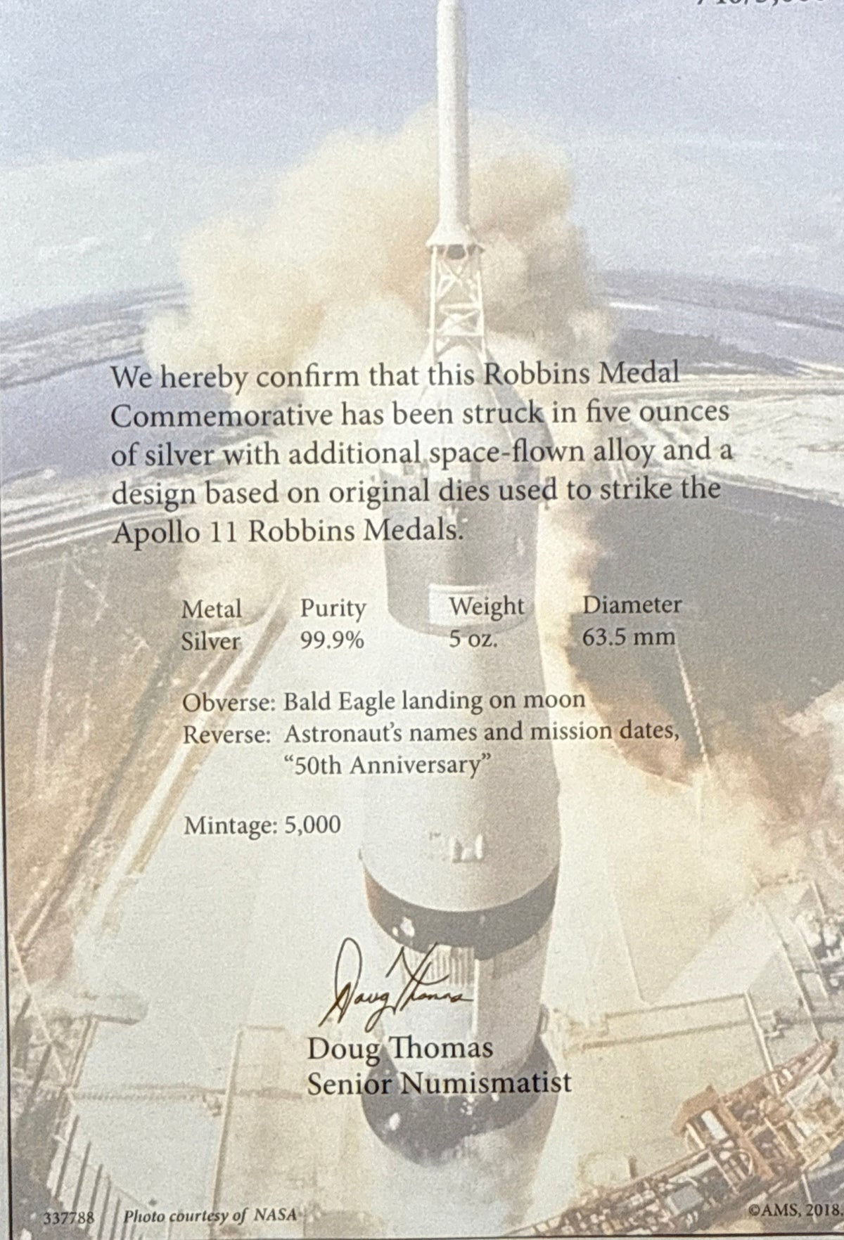 Vintage Vault: 2019 Apollo 11 50th Anniversary Robins Metal Restrike-5 oz Silver Contains Space Flown Material NGC MS70