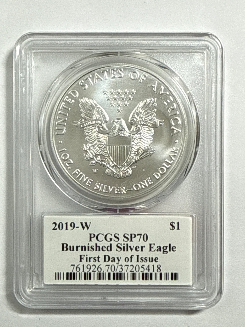 2019-W Burnished American Silver Eagle PCGS SP70 FDOI Trump Label