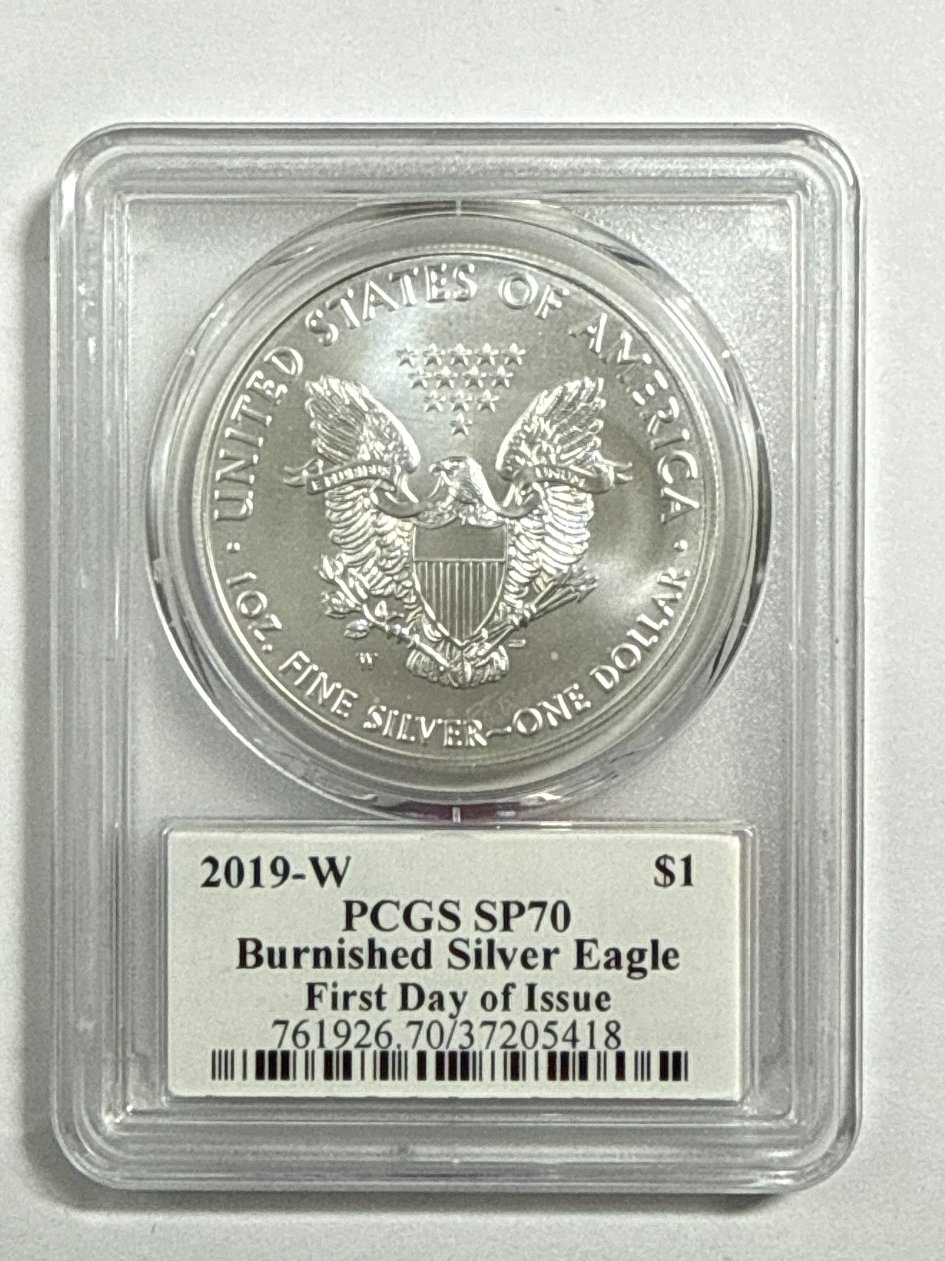2019-W Burnished American Silver Eagle PCGS SP70 FDOI Trump Label