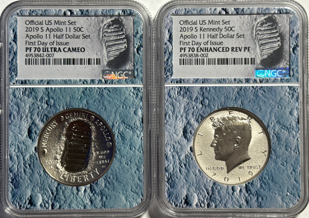 Vintage Vault: 2019-S Appollo 11 50C Half Dollar Set FDI PF70 UCAM NGC Kennedy 50C Appollo 11 Half Dollar Set FDI PF70 ENCH REV PF NGC 2-Coin Box Set.