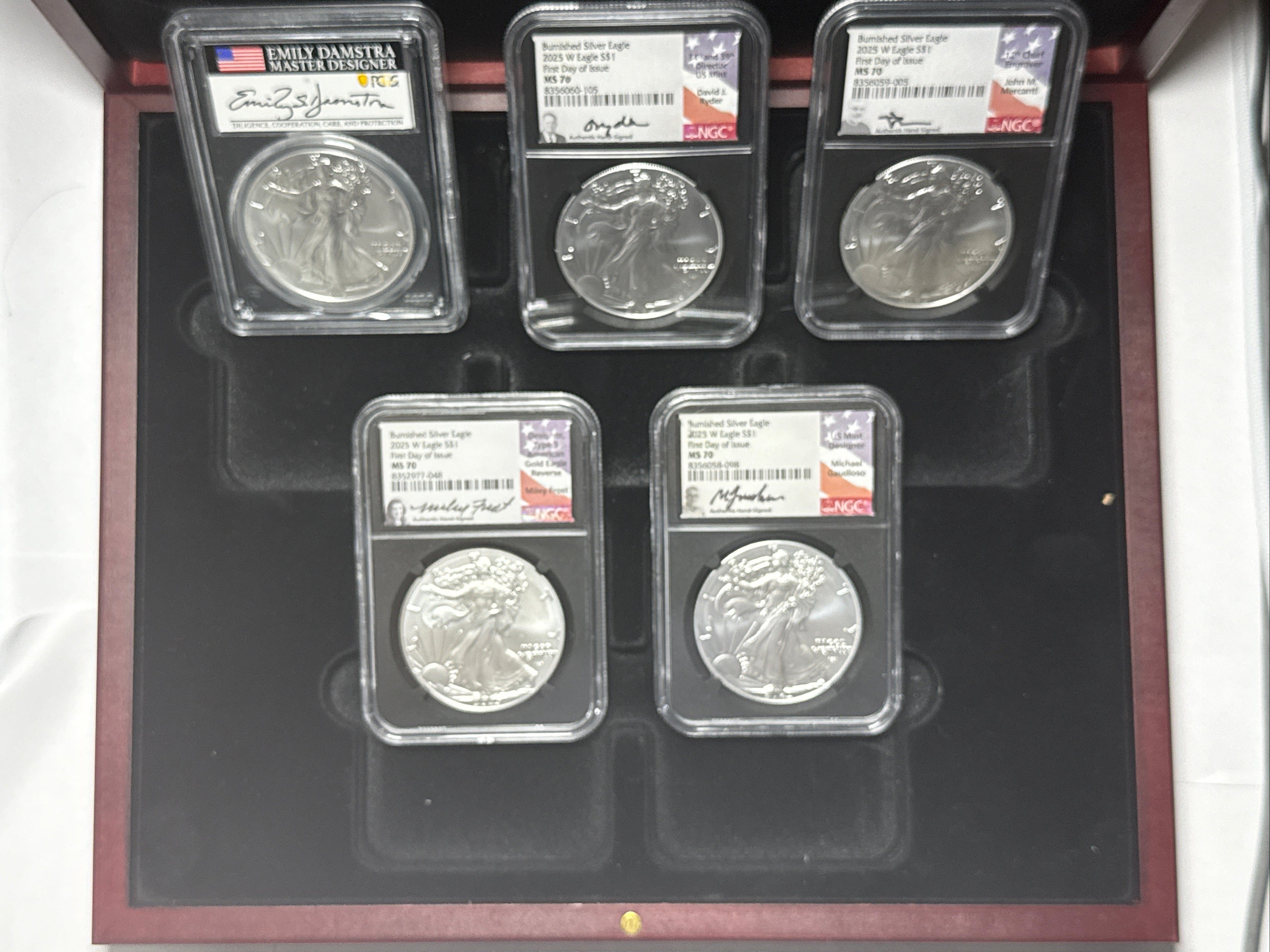 2025-W Burnished American Silver Eagle 5 Piece Set NGC MS70 FDOI Mercanti/Gaudioso/Ryder/Frost/Damstra with sisplay box