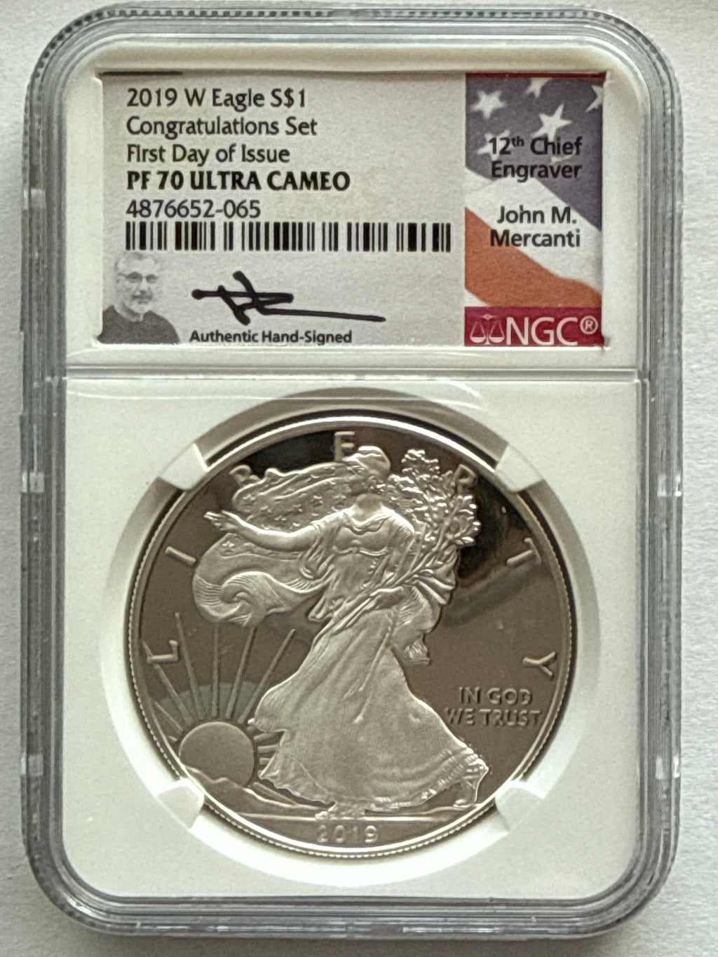 W 2019-W American Silver Eagle NGC 1 oz PF70 UCAM FDOI Congratulations Set J. M. Mercanti hand signed Flag Label Congratulations Set