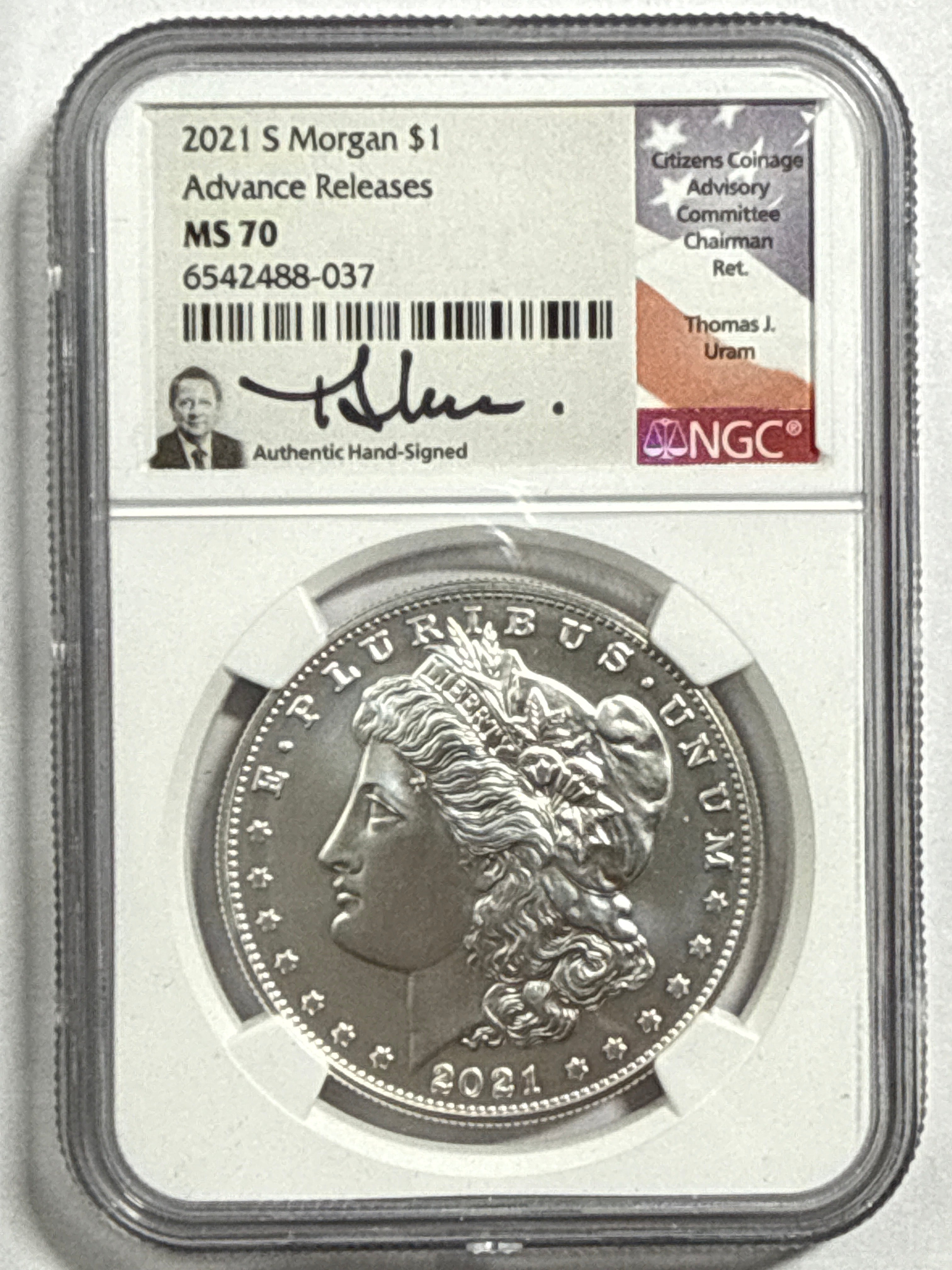 2021-CC/D/O/P/S Morgan/Peace Silver Dollar 6 piece set NGC MS70 Advance Release Thomas Uram Hand Signed