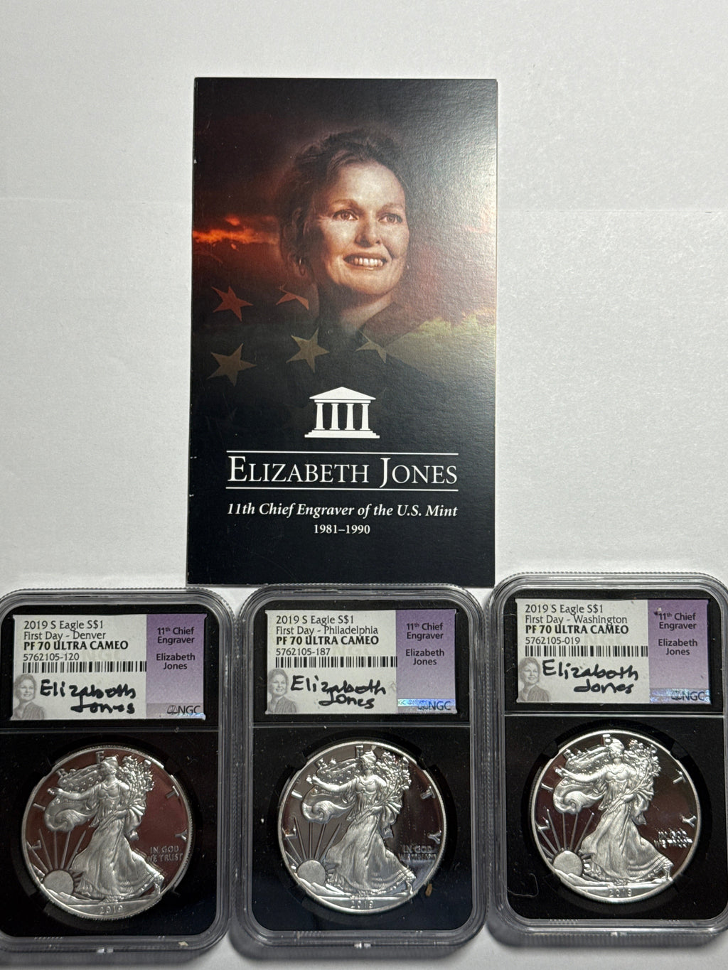 2019-S Ameican Silver Eagle 3 Piece Set NGC PF70 UCAM First Day - Denver/Philadelphia/Washington Elizabeth Jones Hand Signed