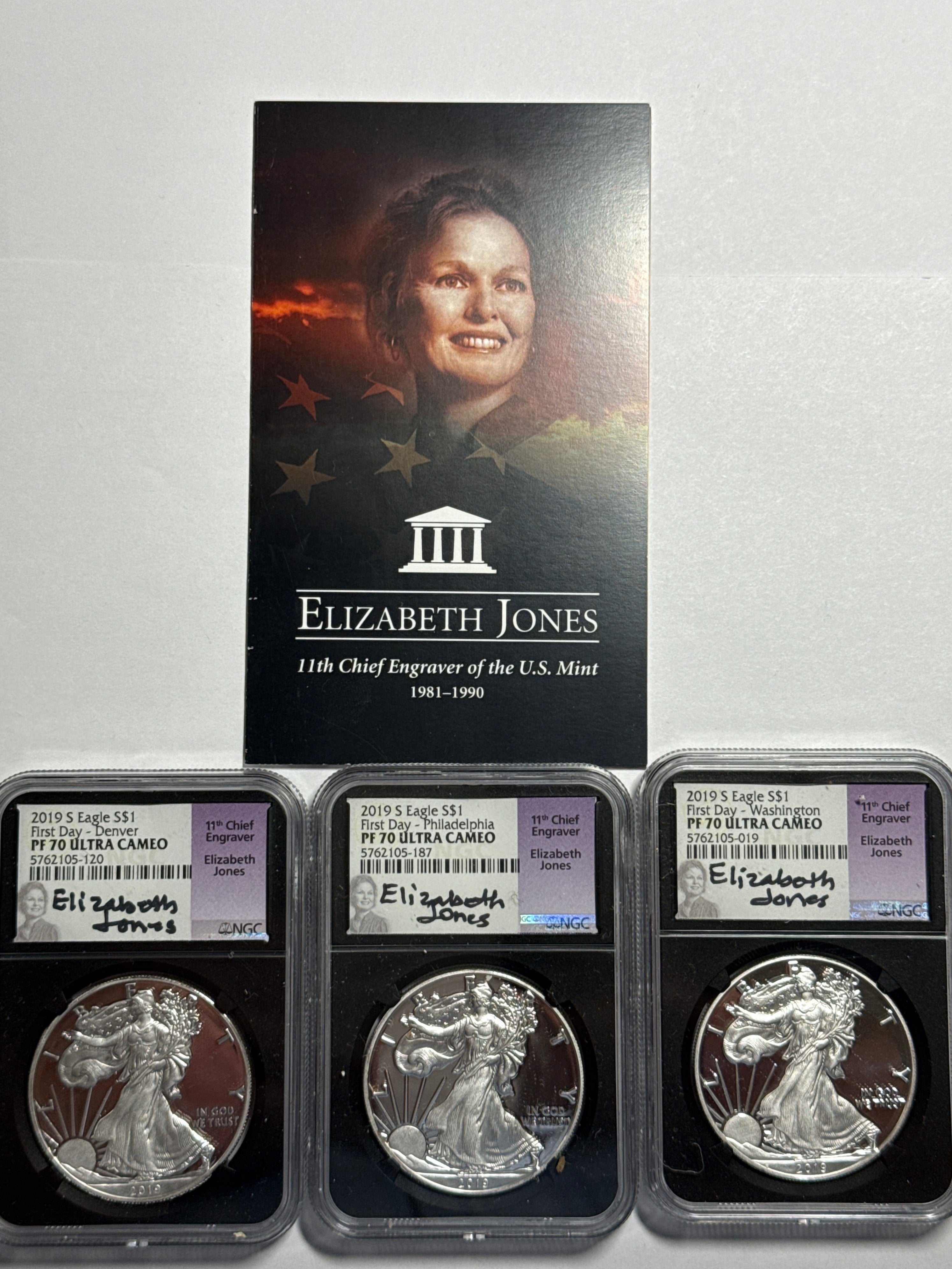 2019-S Ameican Silver Eagle 3 Piece Set NGC PF70 UCAM First Day - Denver/Philadelphia/Washington Elizabeth Jones Hand Signed