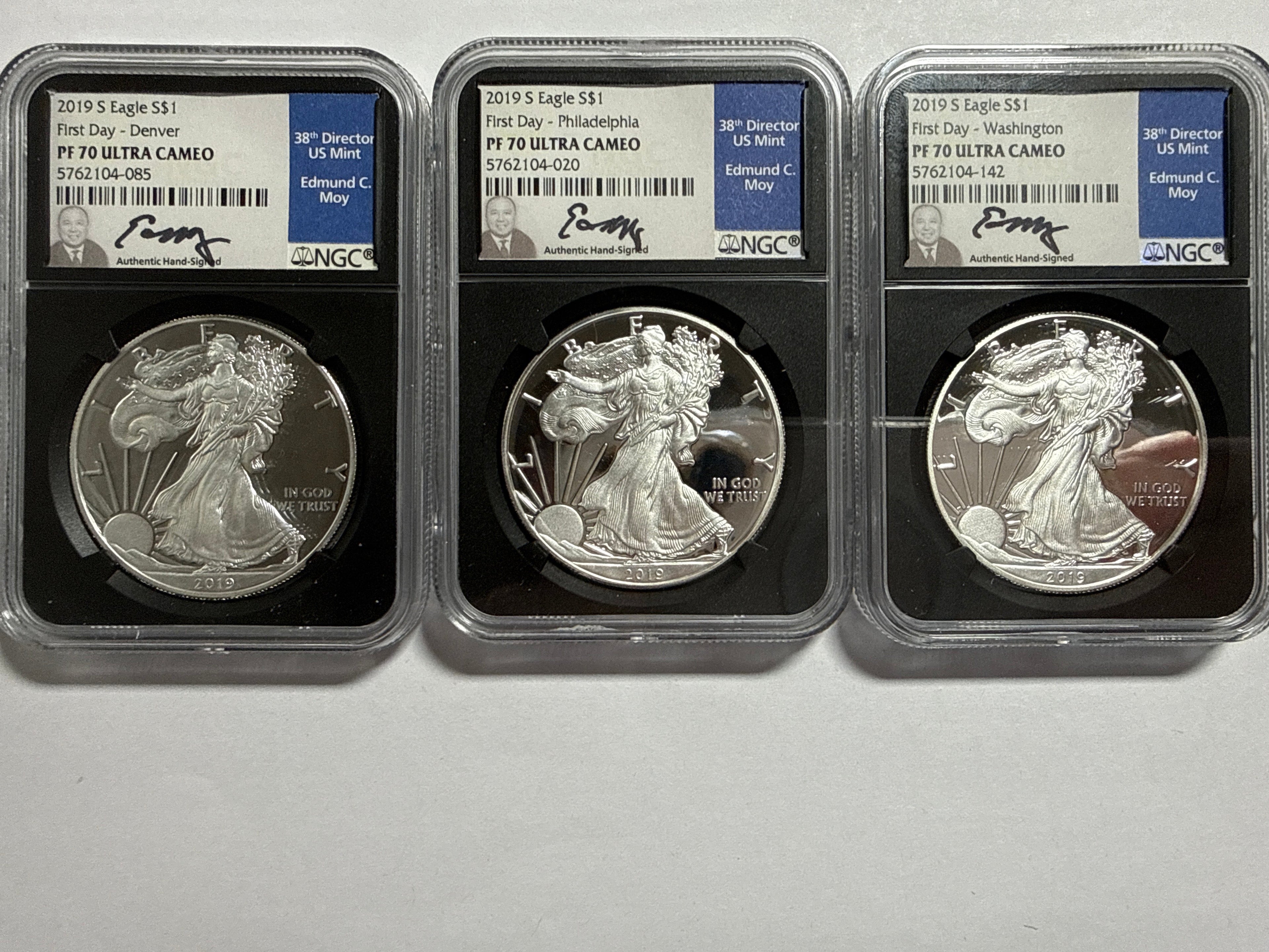 2019-S Ameican Silver Eagle 3 Piece Set NGC PF70 UCAM First Day - Denver/Philadelphia/Washington Edmund Moy Hand Signed