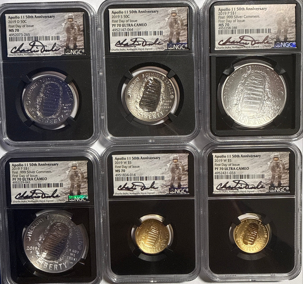 Vintage Vault: 2019 Apollo 11 Silver D/S/P 50C/$1 FDI MS70/PF70 UCAM NGC: Gold W $5 FDI MS70/PF70 UCAM NGC Charlie Duke Hand-Signed
