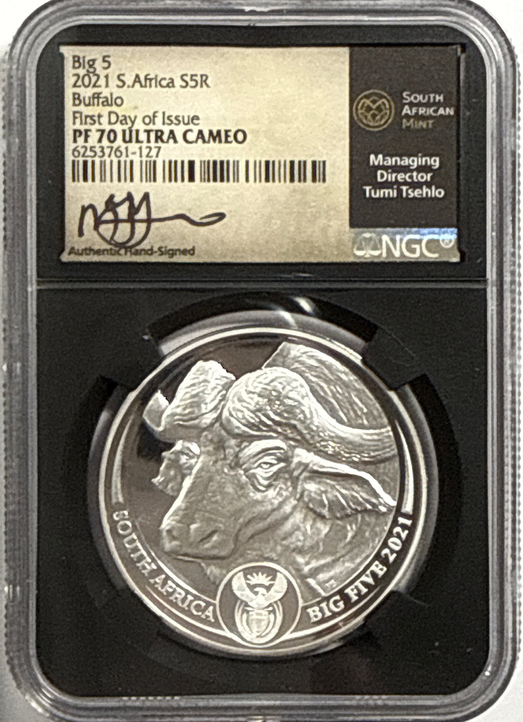 2019/2020/2021/ South Africa NGC FDI PF70 UCAM S5R Big 5 Elephant/Lion/Rhino/Spotted Leopard/Buffalo Tumi Tsehio signed