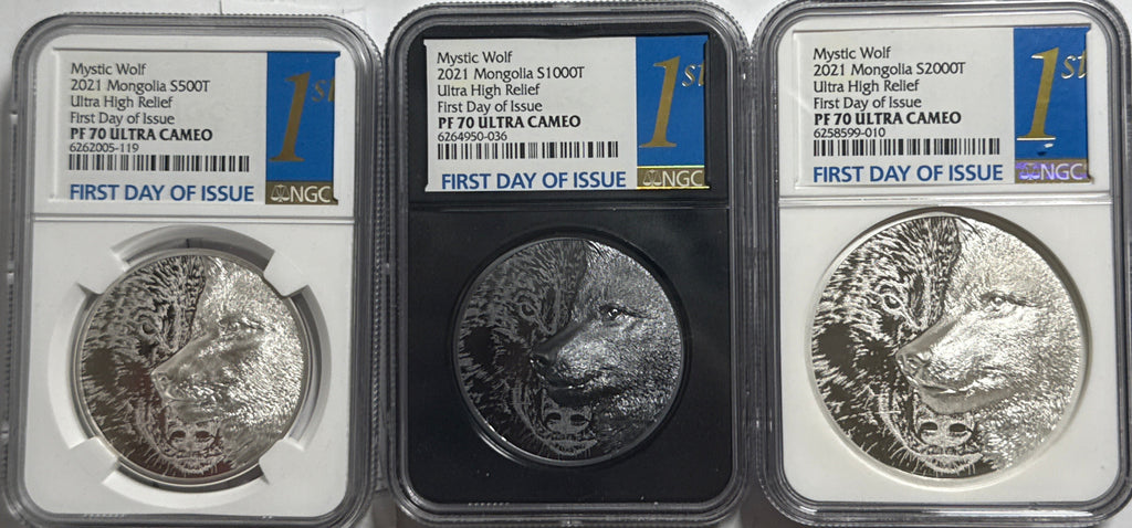2021 Mongolia Silver Mystic Wolf 500T/1000T/2000T NGC 3-Coin Box Set Ultra High Relief FDI PF70 UCAM