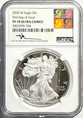 2020-W American Silver Eagle $1 NGC FDI PF70 UCAM Mercanti Hand-Signed Art Label.