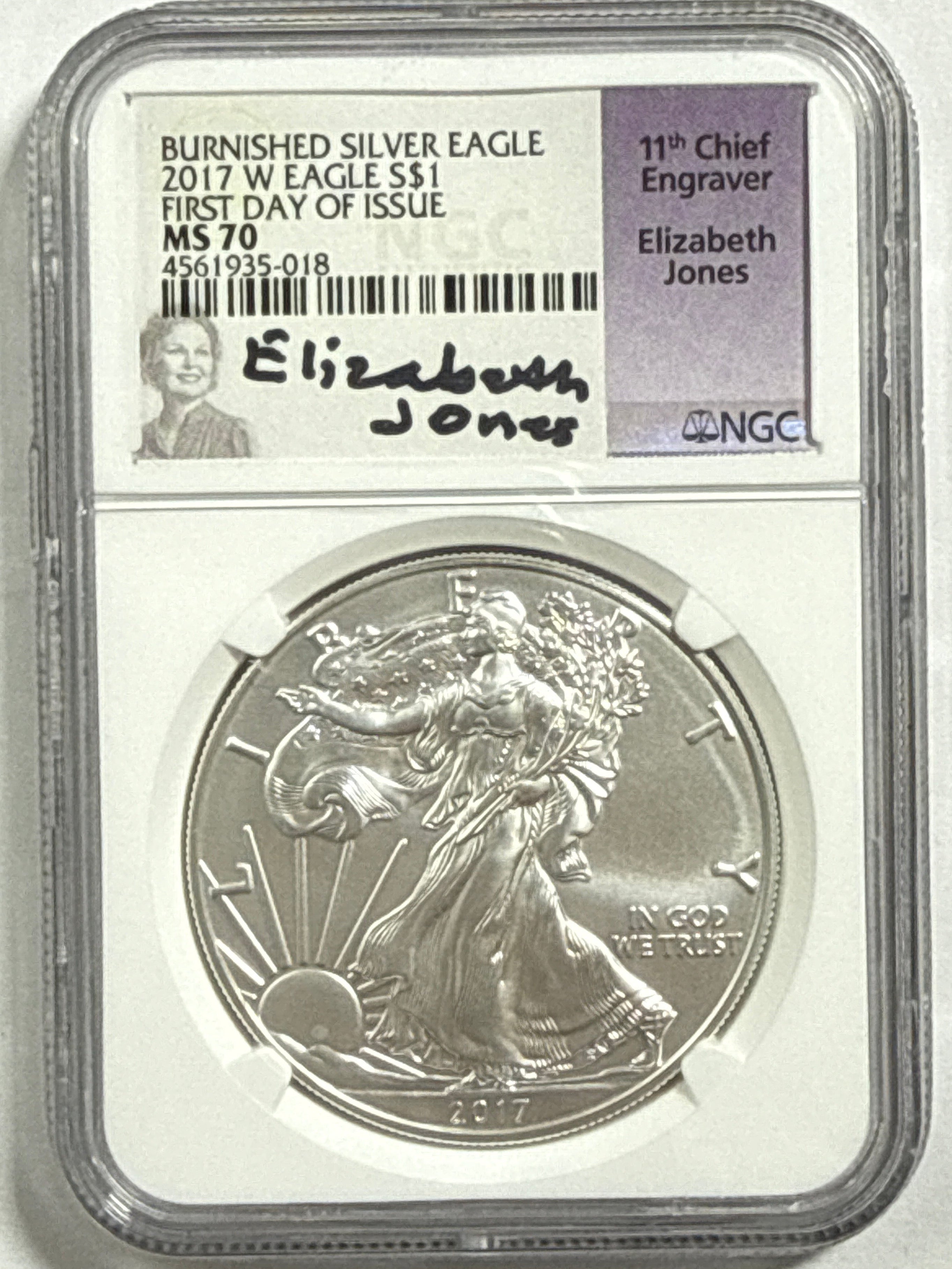 2017-W Burnished American Silver Eagle NGC MS70 FDOI  Eliz Jones